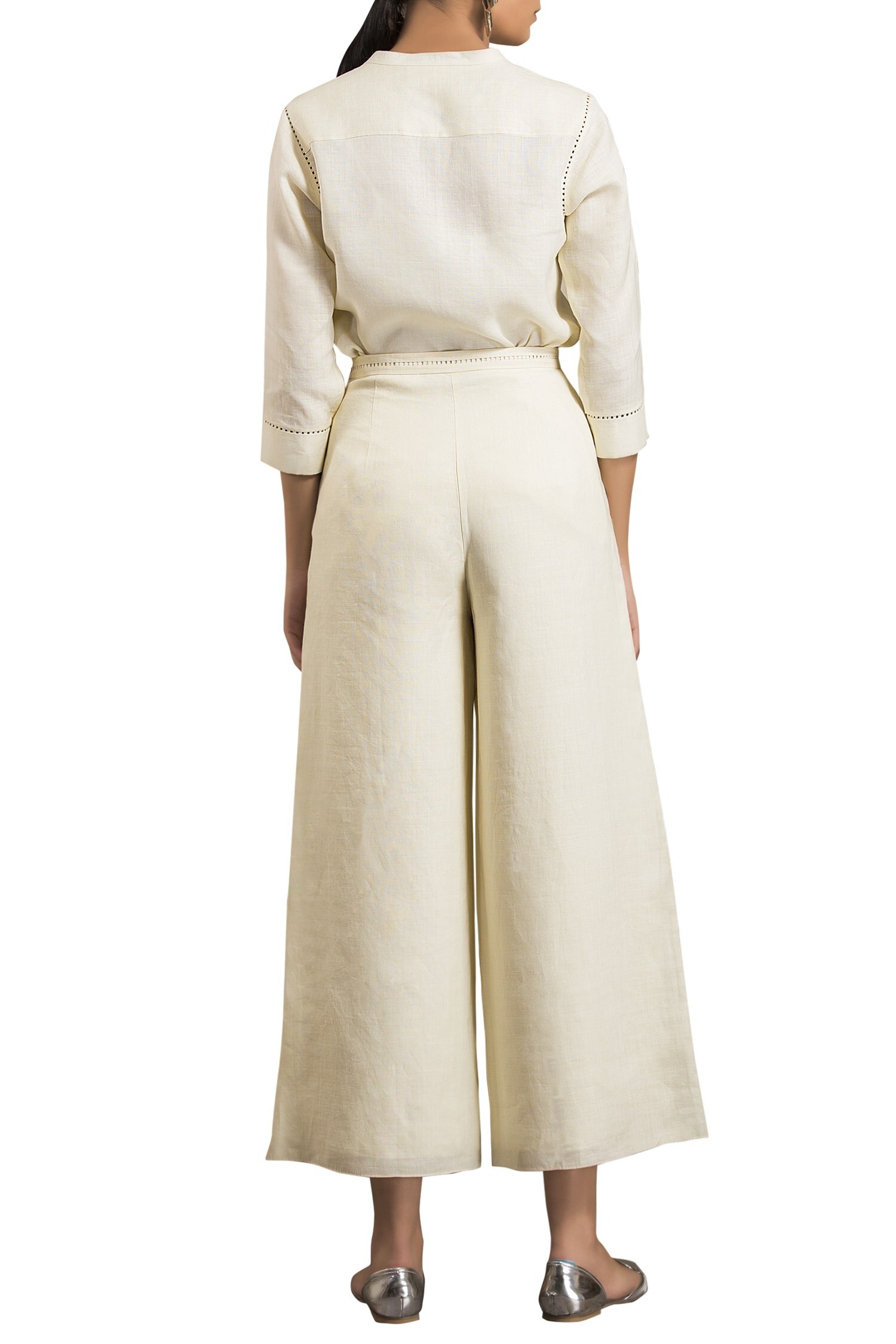 Buy Ivory flowy linen palazzo pants by AMPM at Aza Fashions