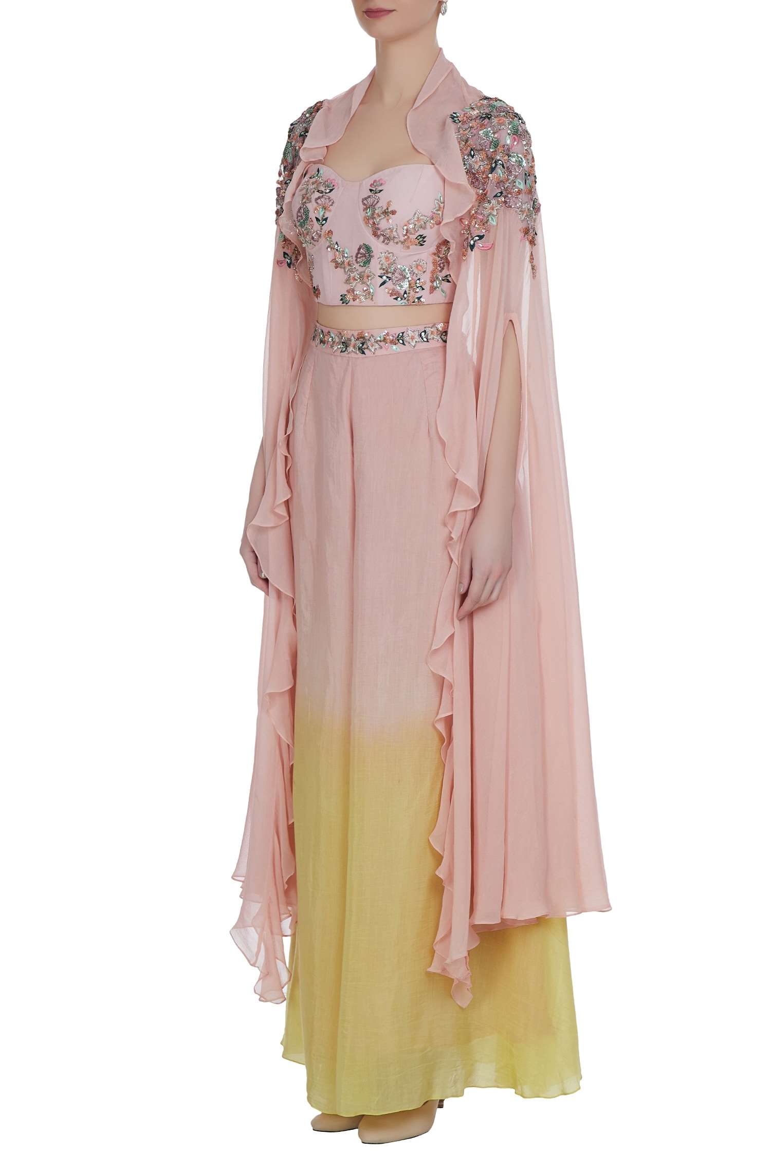 Buy Mani Bhatia Ombre sequin & bugle bead embroidered cape set Online ...
