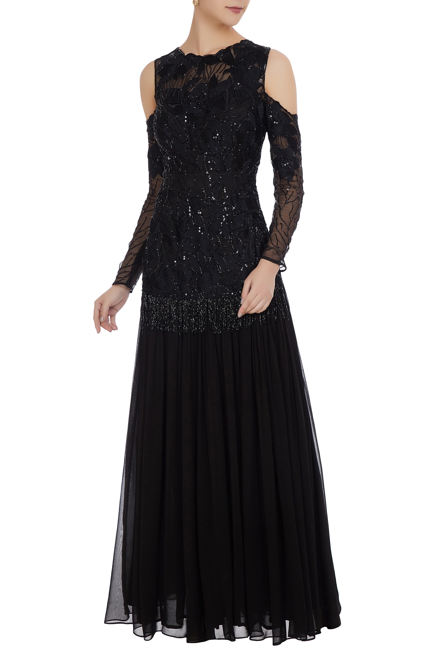 Buy Black Cold Shoulder Gown For Women by Mani Bhatia Online at Aza ...