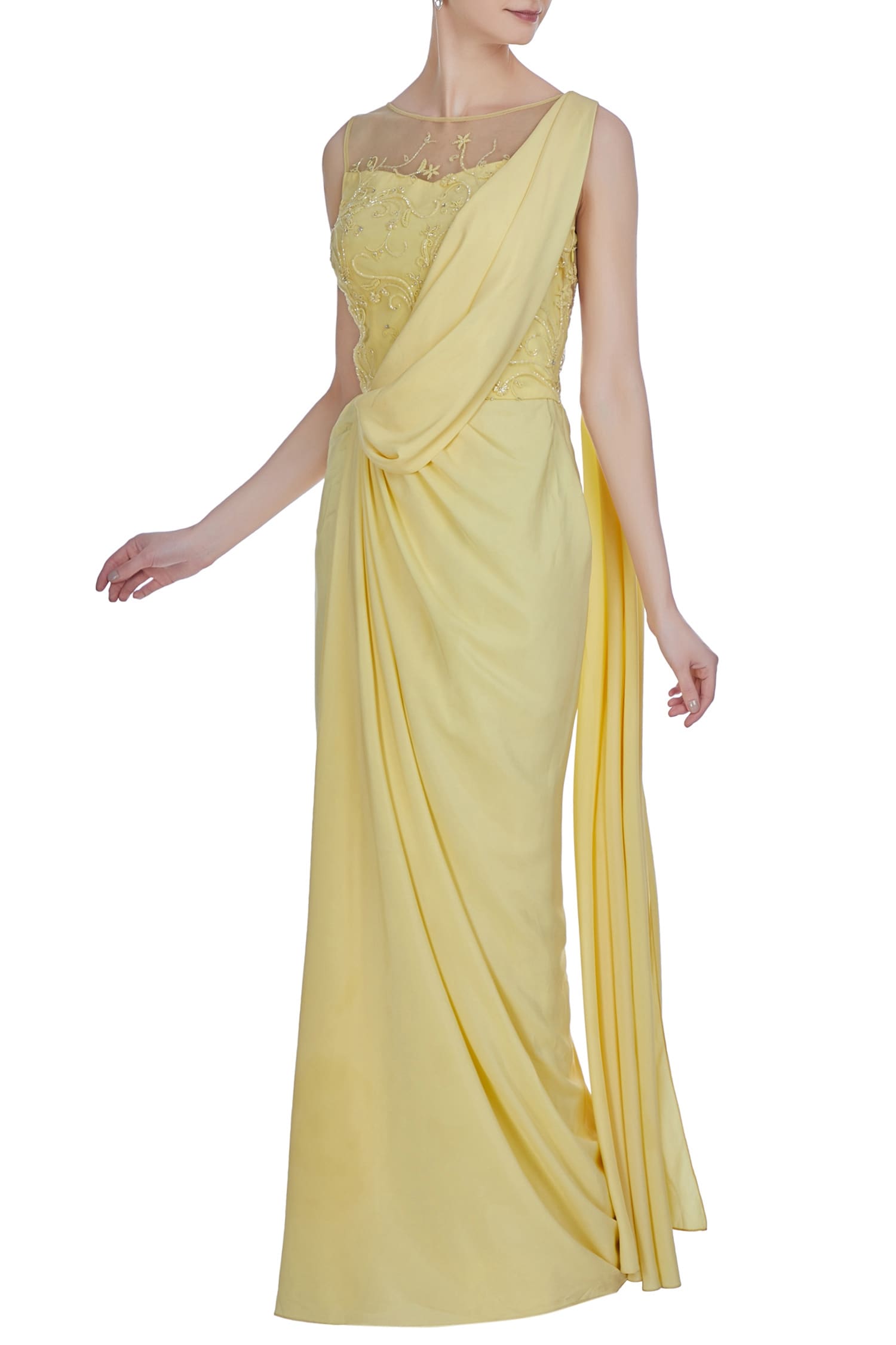 Buy Yellow Crepe Silk Embroidered Floral Round Hand Cutdana And Sequin