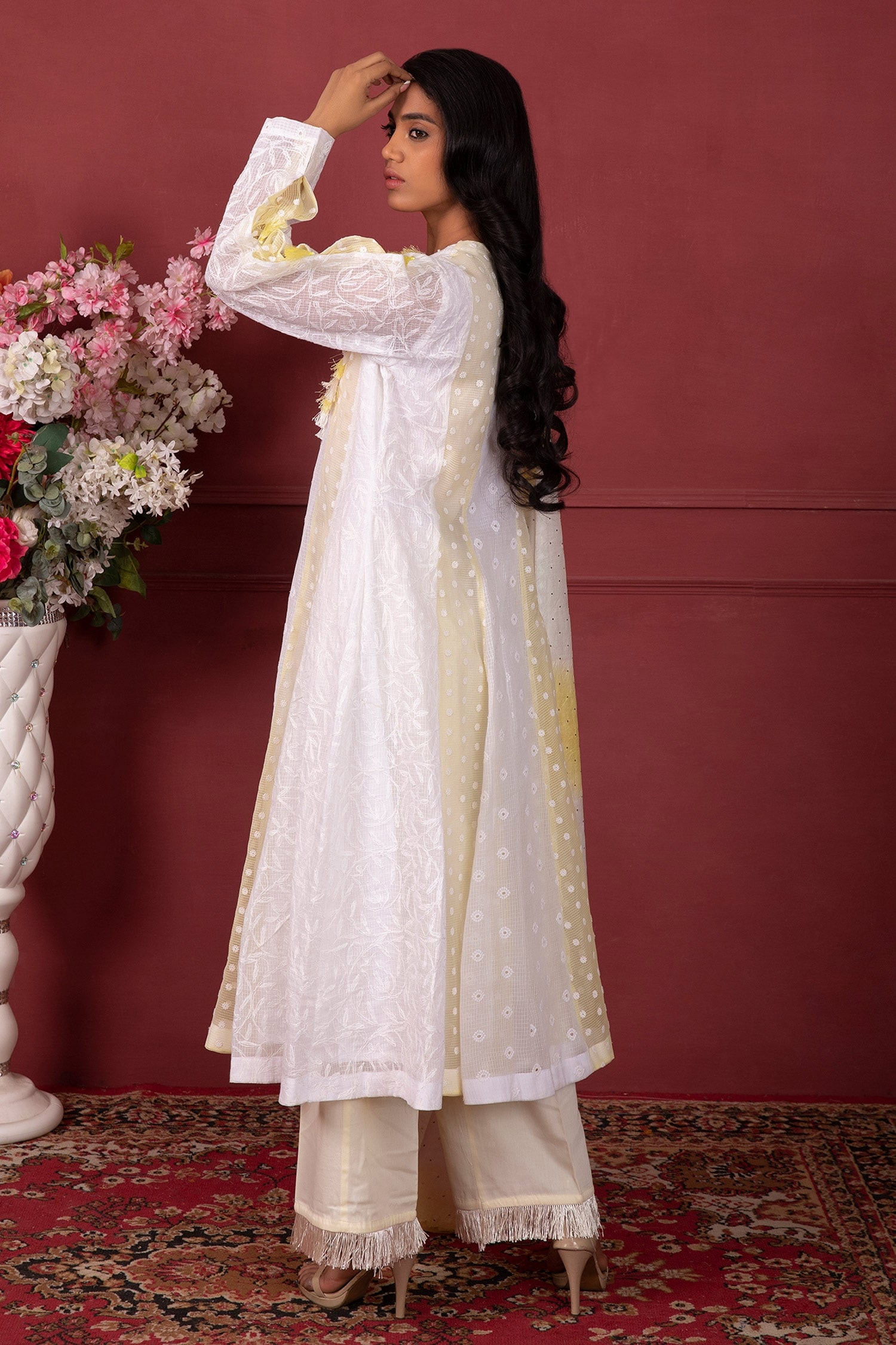 Ruh Clothing - White Organic Cotton Embroidered Tepchi Work V Neck Anarkali  Set For Women