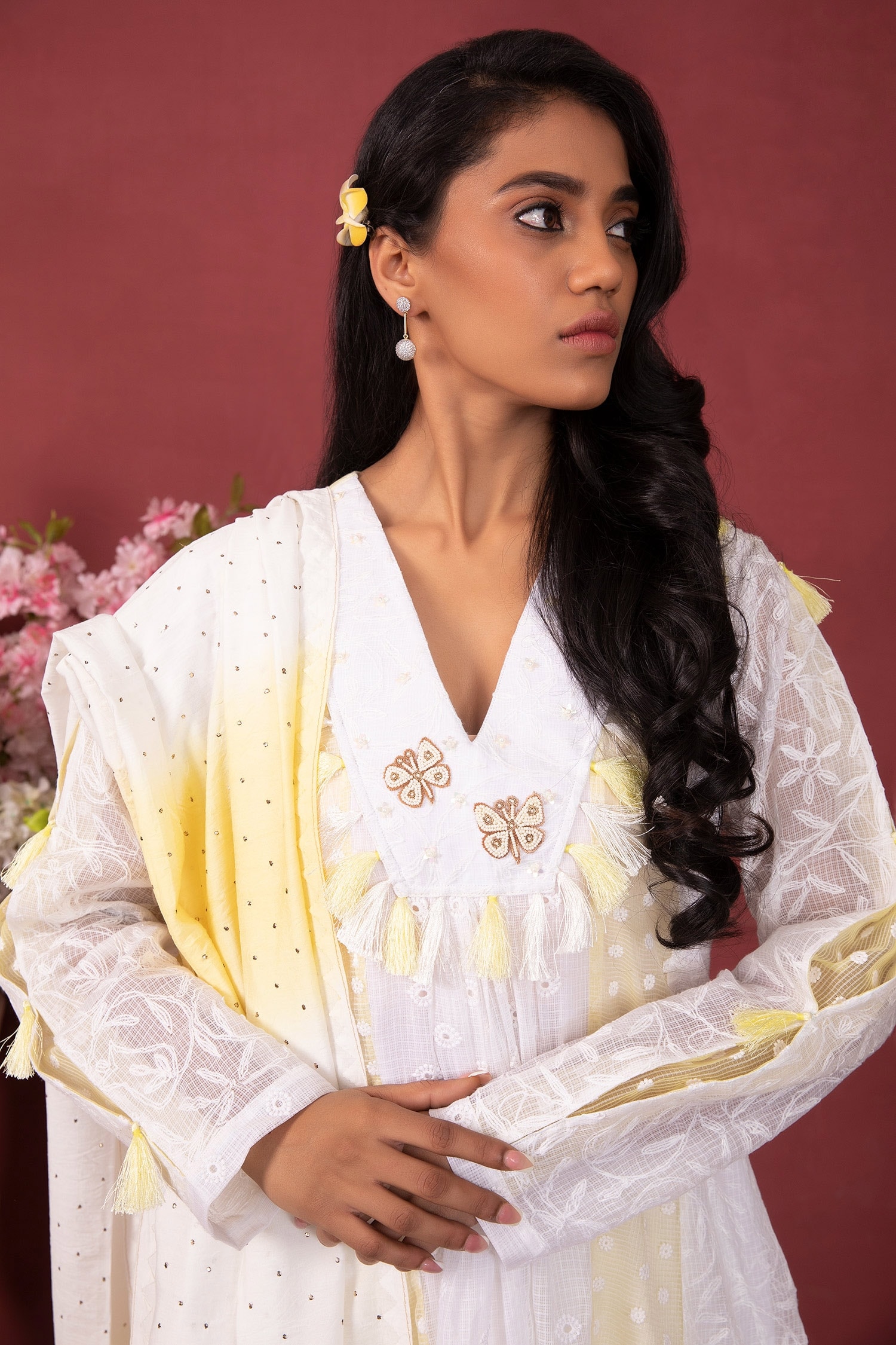 Ruh Clothing - White Organic Cotton Embroidered Tepchi Work V Neck Anarkali  Set For Women