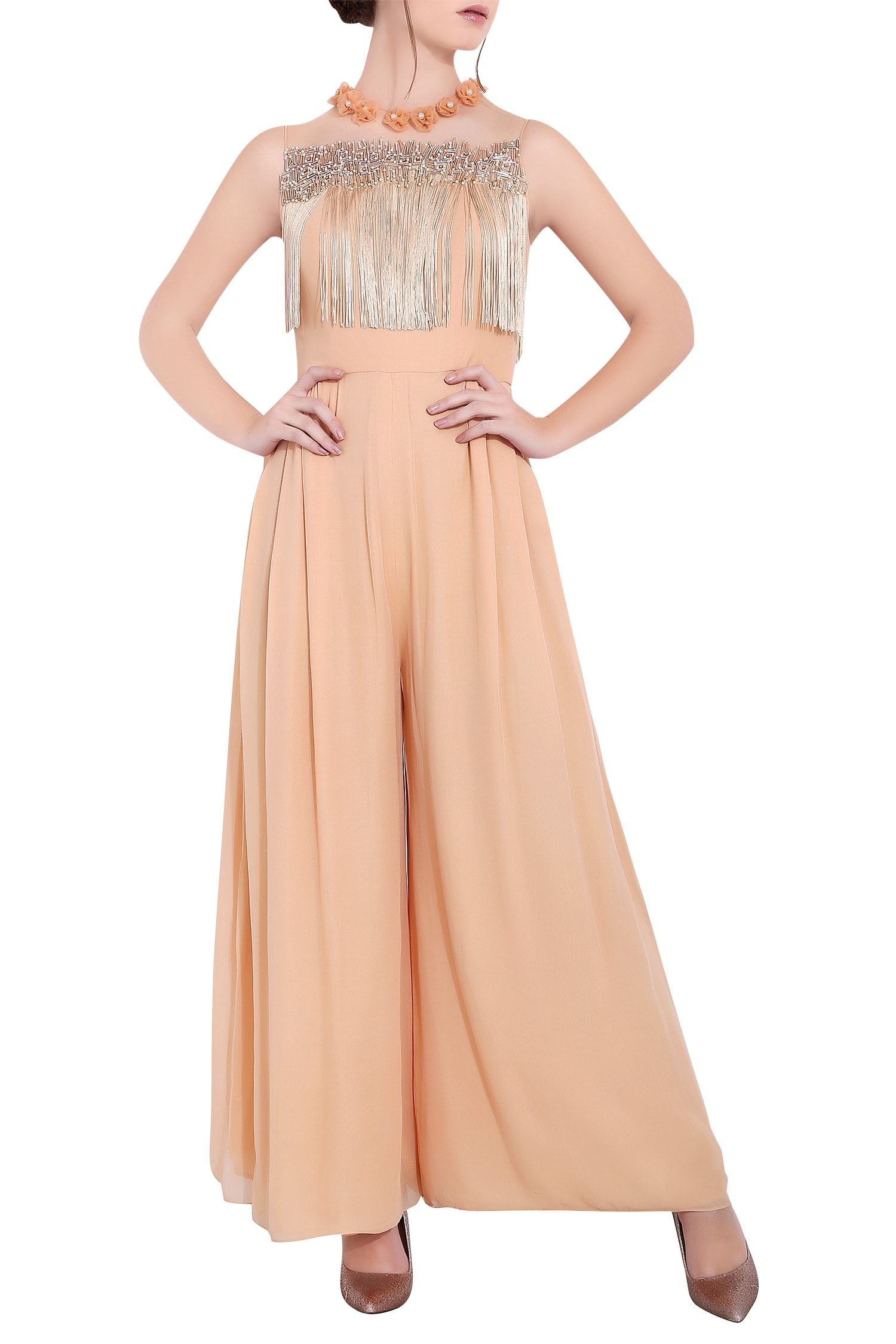 Buy Vedangi Agarwal Peach Fringe Embroidered Jumpsuit Online | Aza Fashions