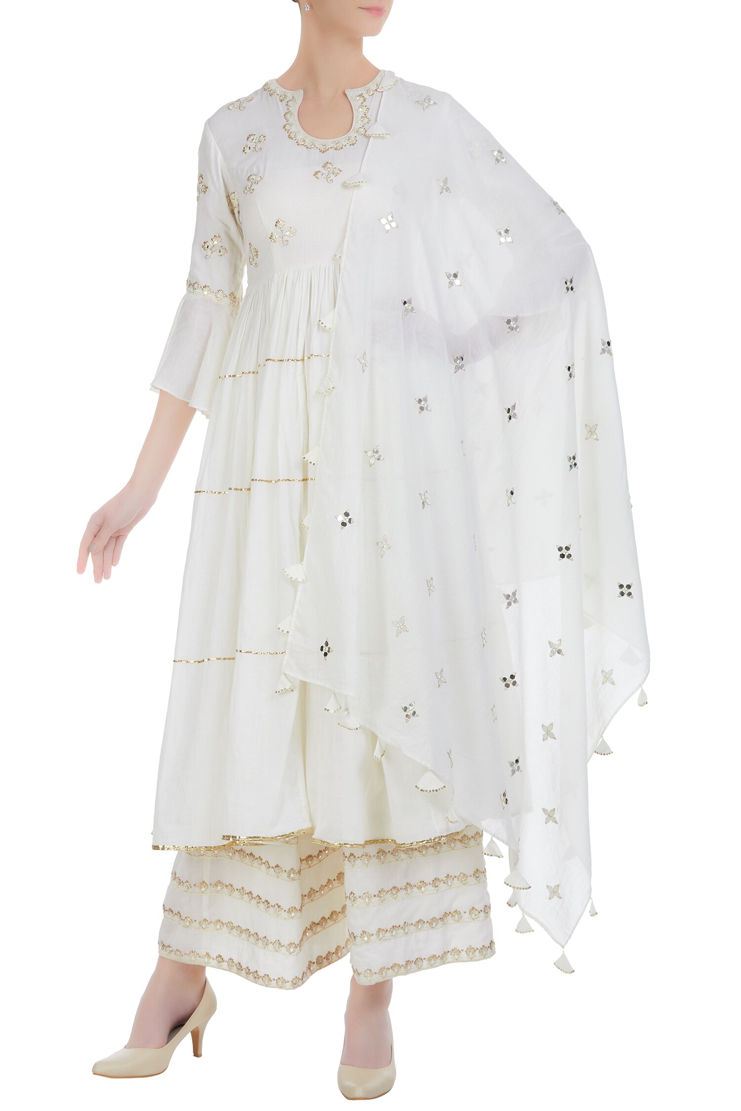 Buy Neha Saran Ivory Tiered Pleated Kurta With Palazzo And Net Dupatta ...