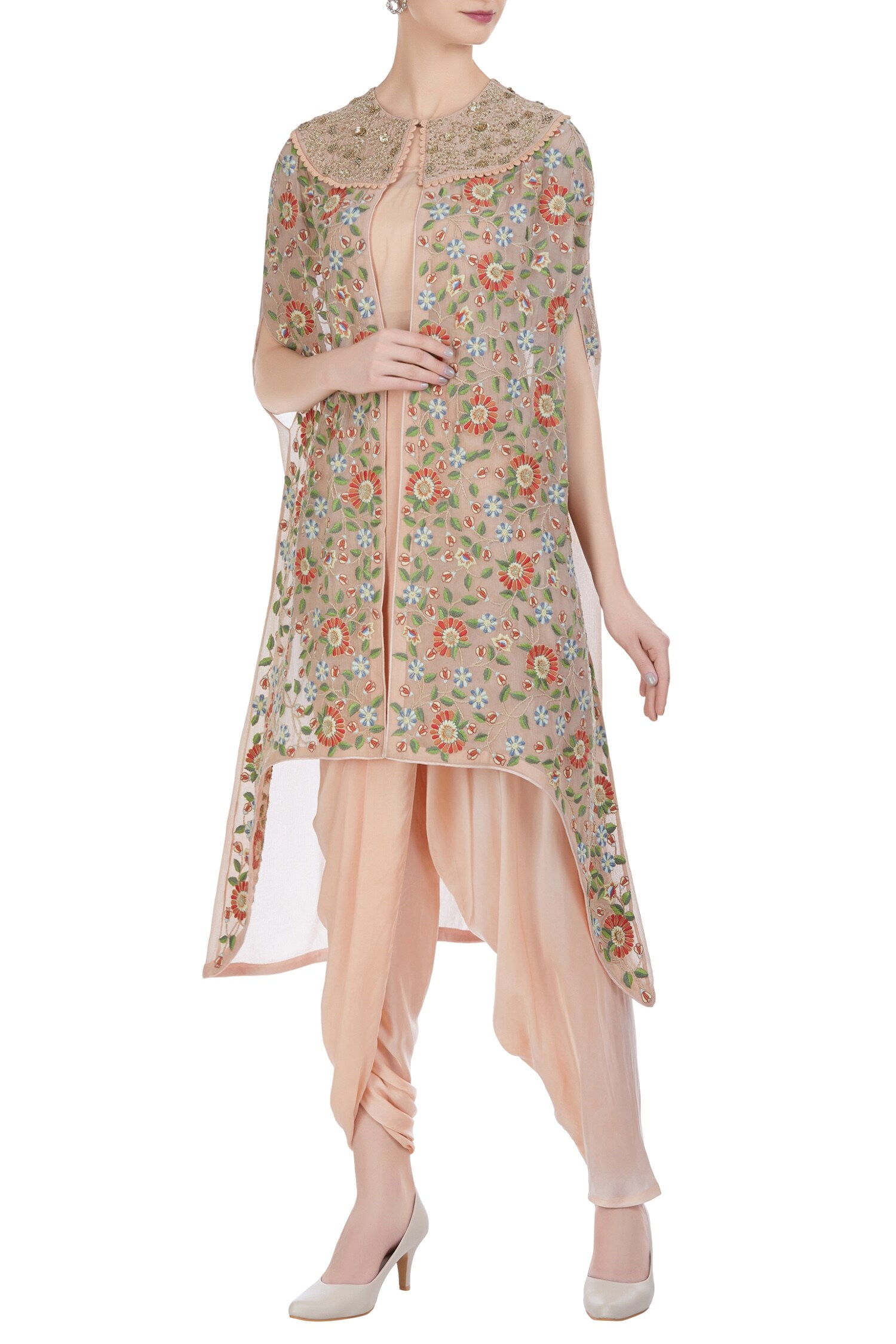 Petticoat Lane by Divya Peach Chiffon Silk Jacket: Open Embroidered And Kurta Set For Women