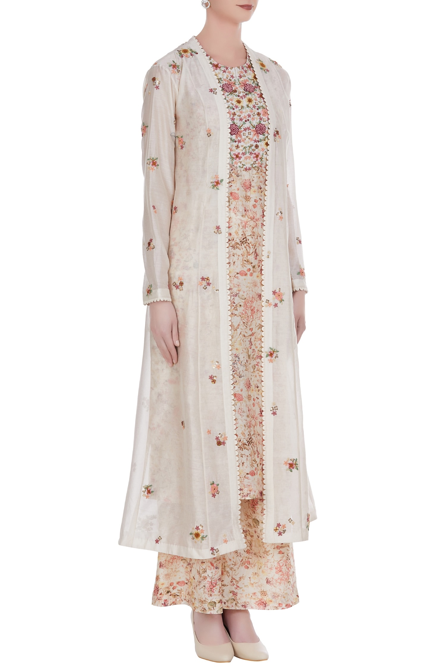 Buy Petticoat Lane by Divya Beige Floral Embroidered Jacket With Inner ...