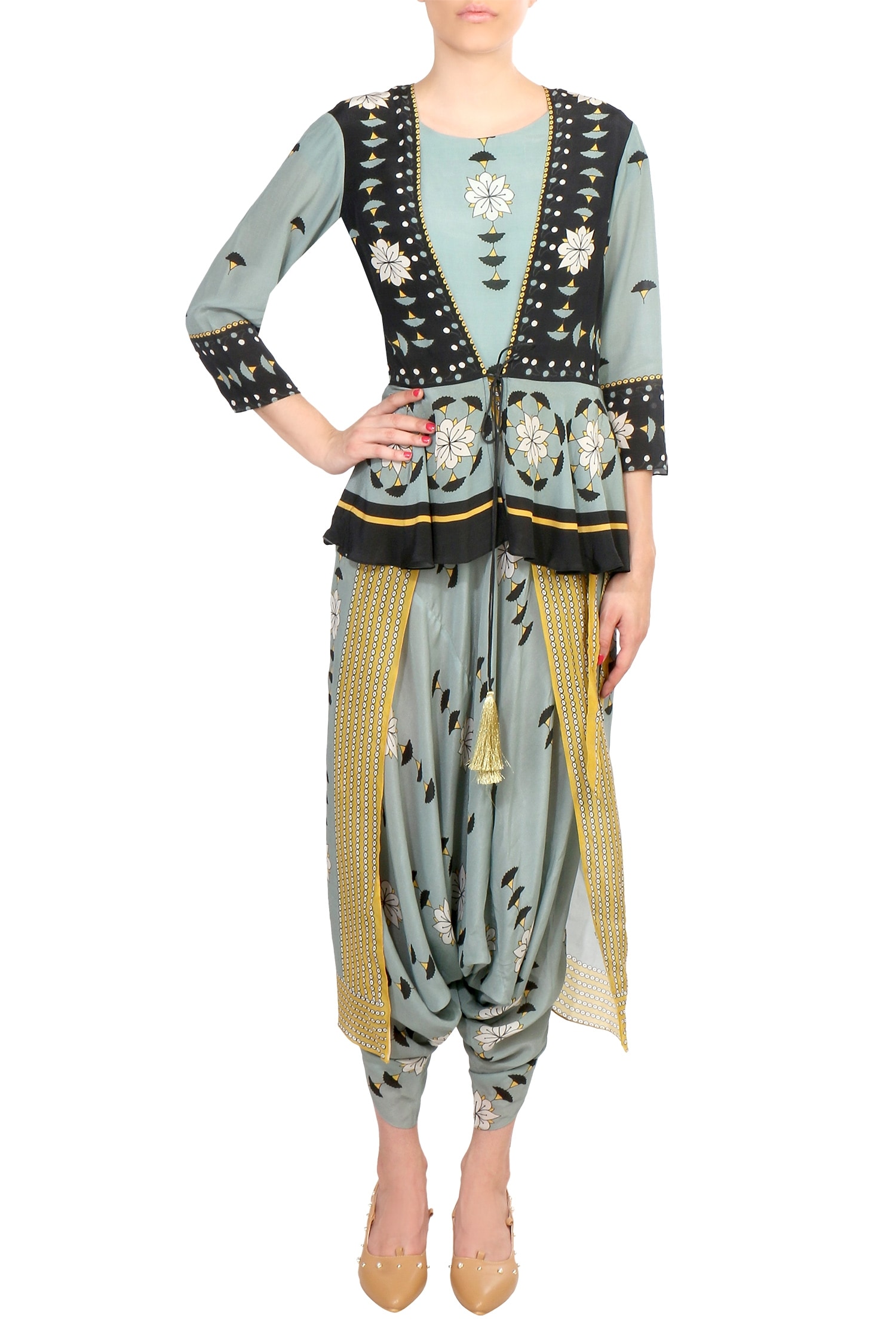 Buy Grey Satin Georgette Printed Floral V Neck Jumpsuit With Belt For Women  by Kohsh Online at Aza Fashions.
