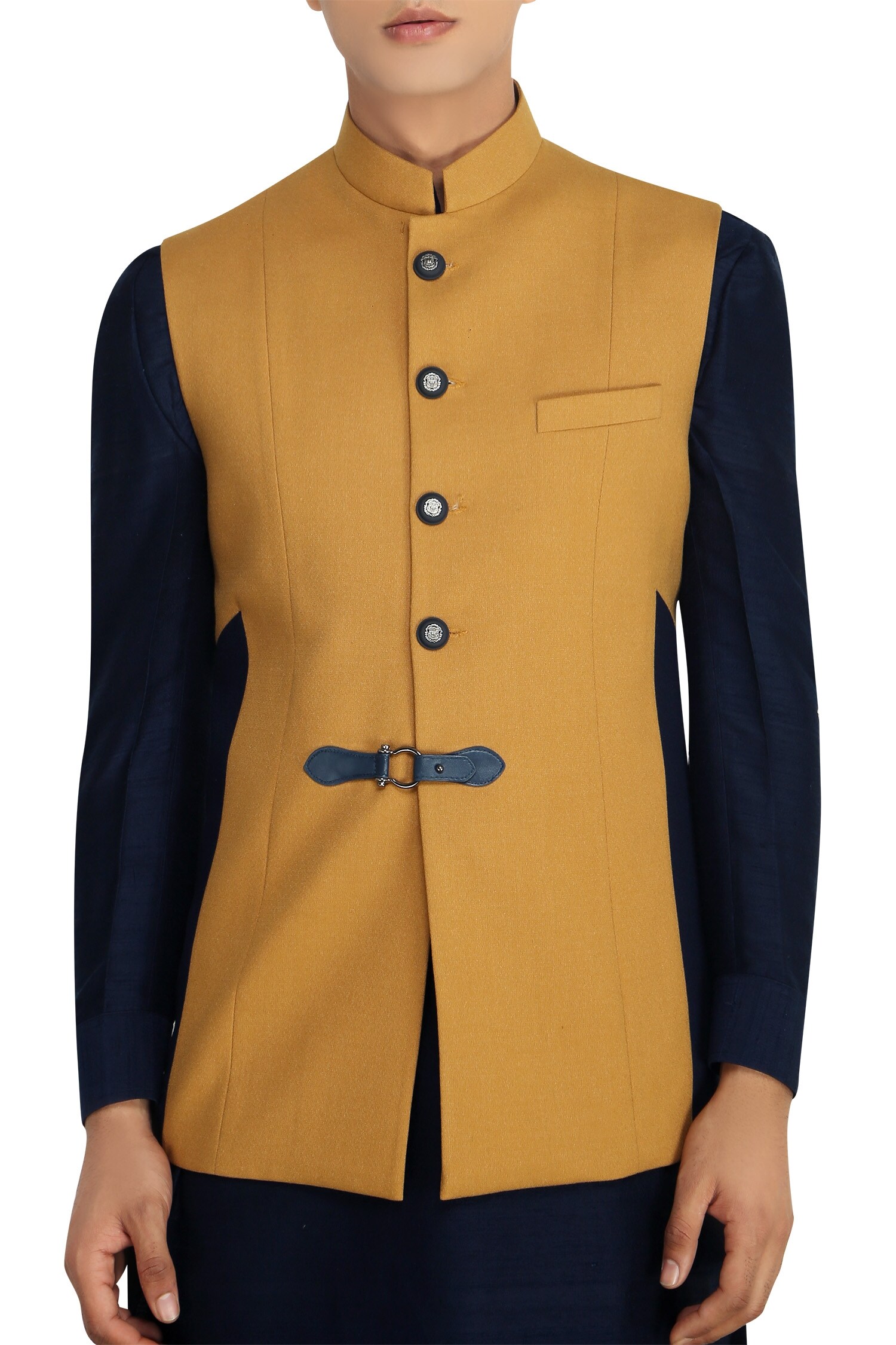 Buy Mustard nehru jacket with buckle detail by Qbik Men at Aza Fashions