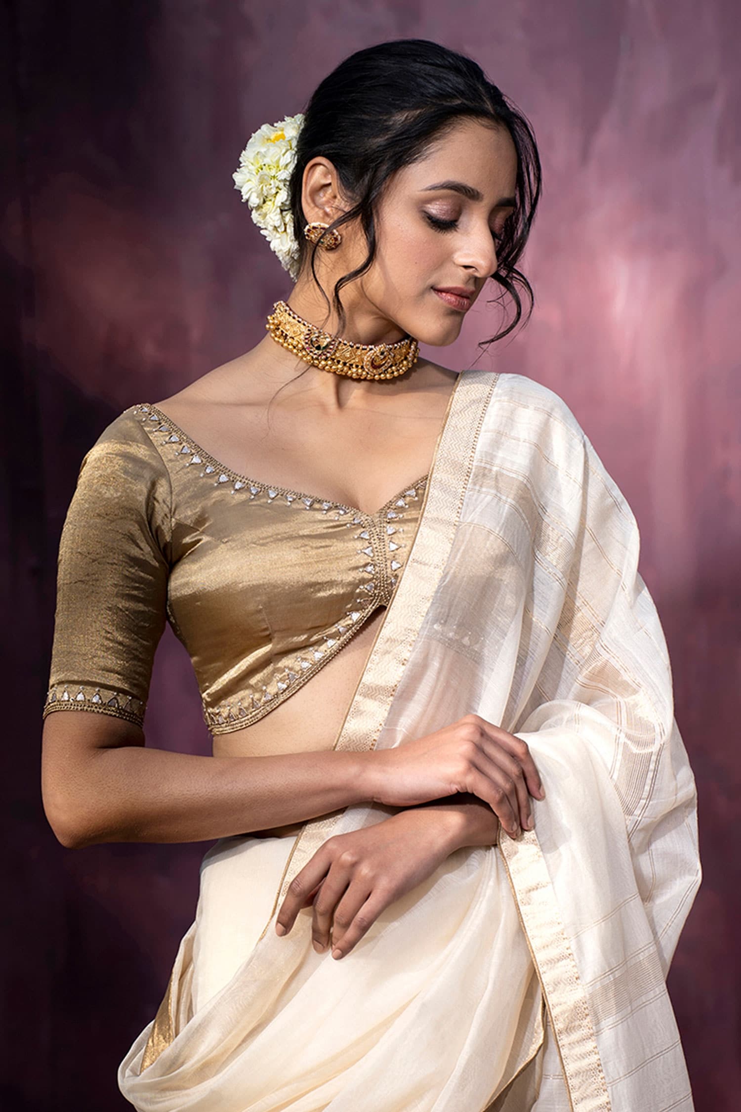 Buy Gold Tissue Collared Neck Blazer Style Saree Blouse For Women by Weaver  Story Online at Aza Fashions.