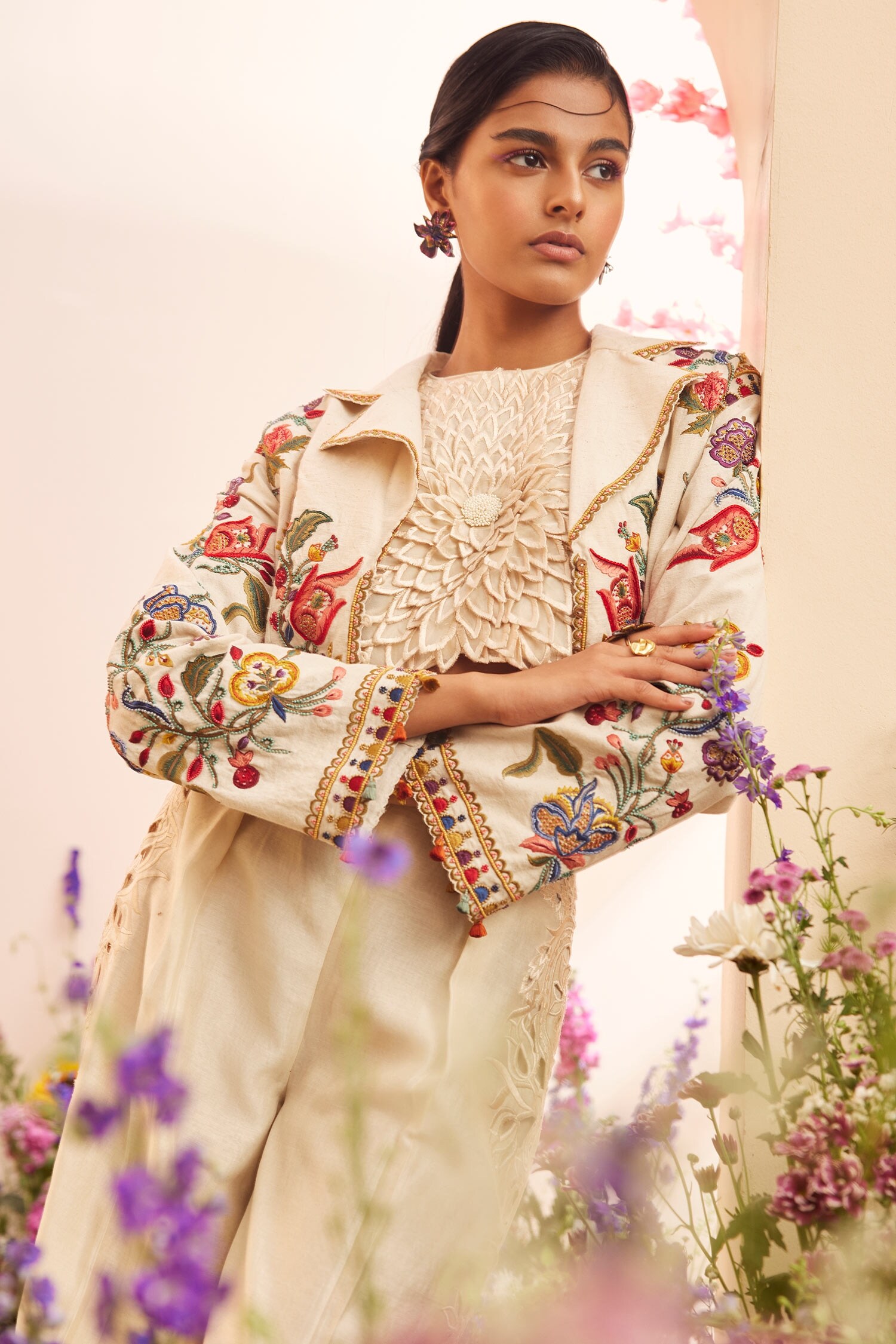 Chandrima - Ivory Kala Cotton Embroidered Thread And Bead Work Notched  Floral Bolero Jacket