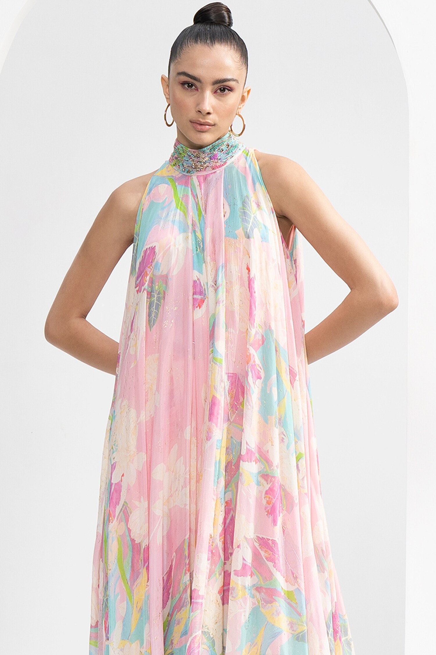 Pink chiffon high neck hotsell maxi dress