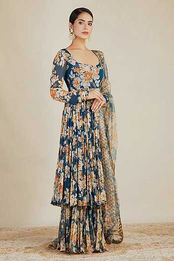 Aangan Aabha Block Print Girls Anarkali Sharara Set