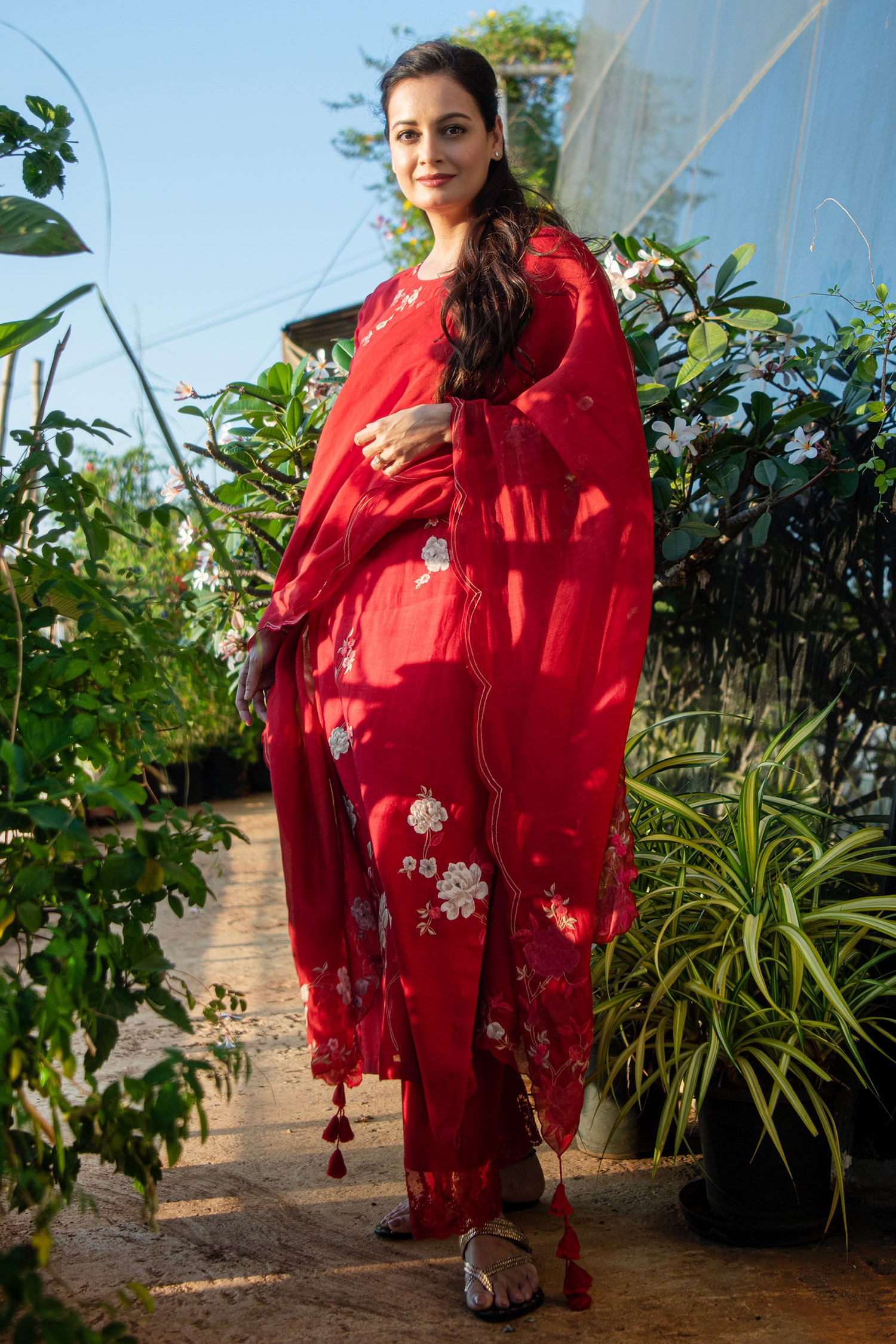 Vaayu Red Muslin Cotton Floral Applique Kurta Set