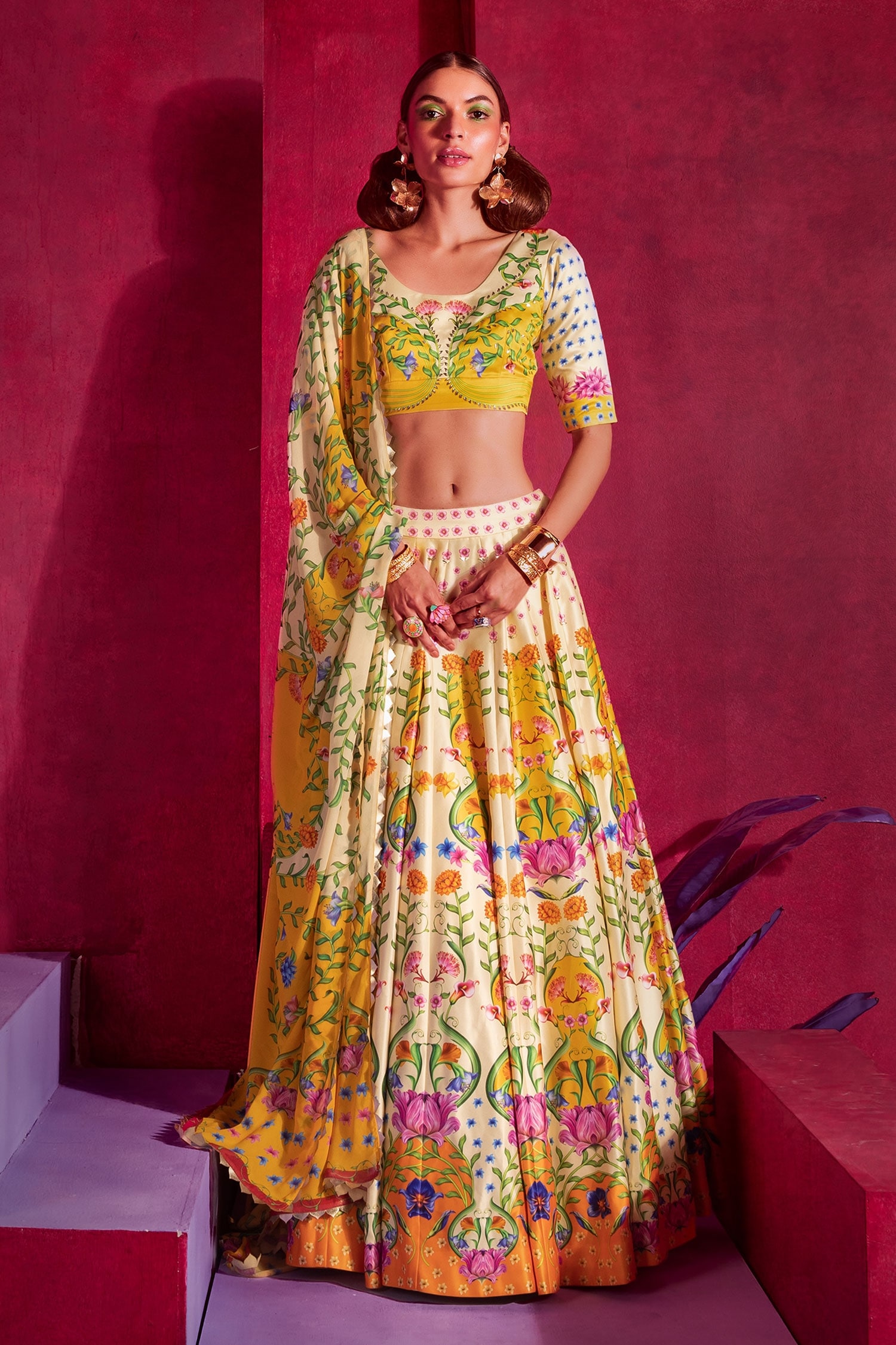 Buy Yellow Floral Print Banglori Silk Haldi Wear Lehenga Choli At Zeel  Clothing