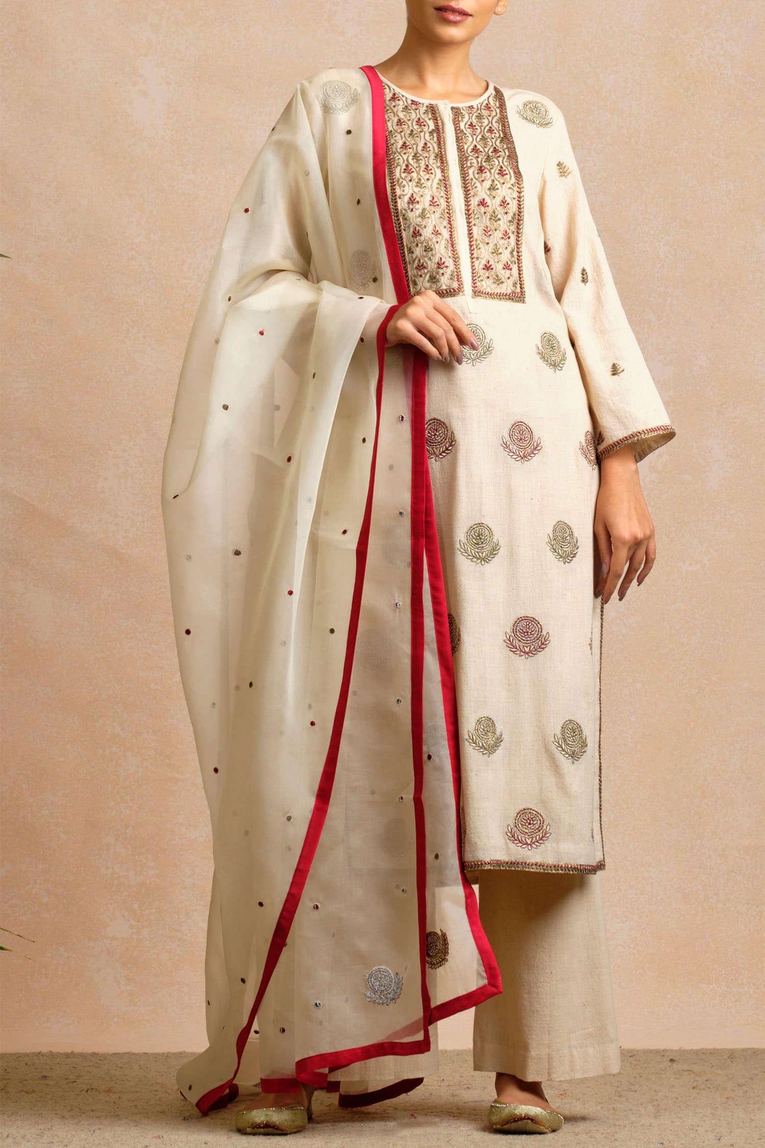Buy Beige Maheswari Handloom Cotton Round Kurta Set For Women by Sue