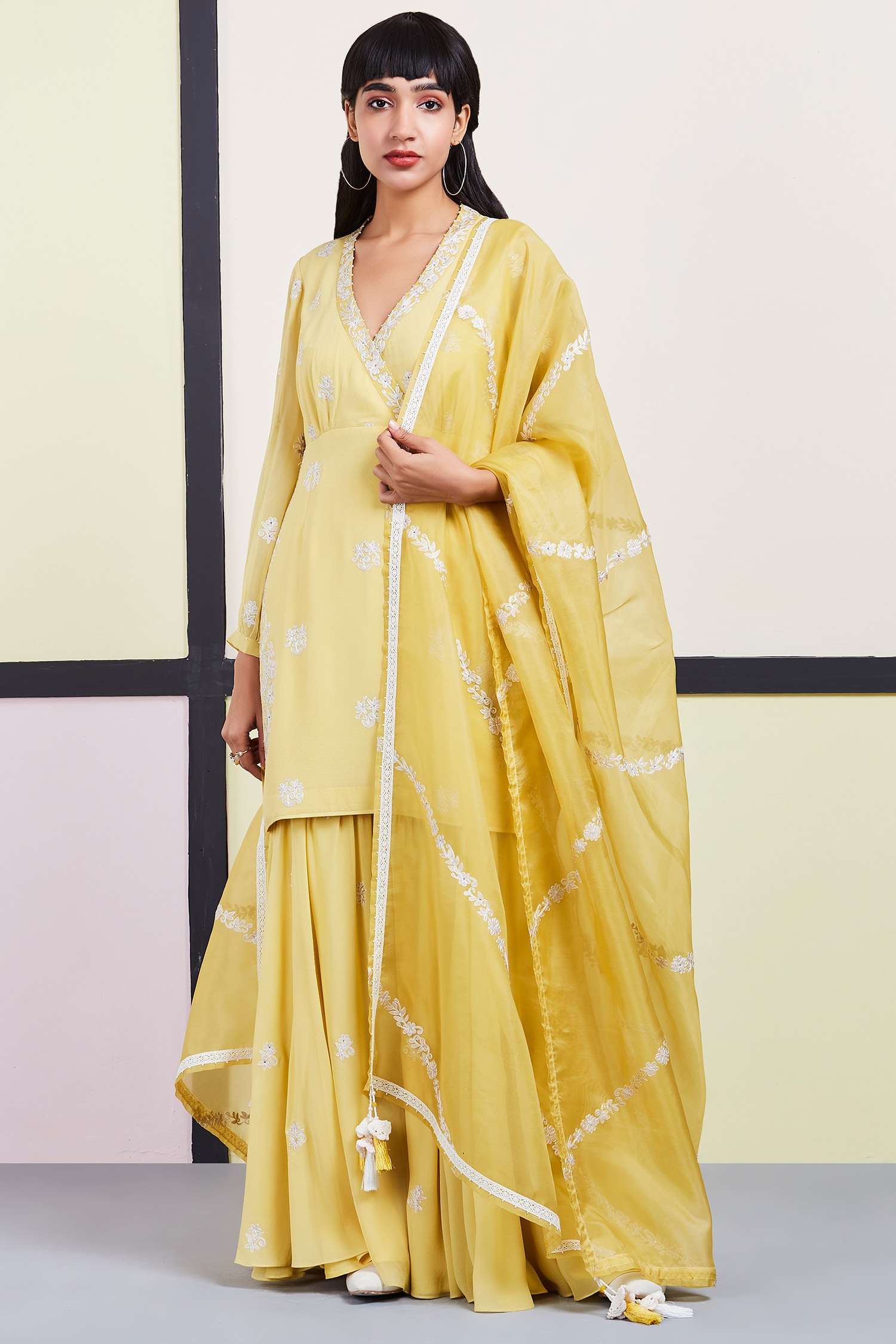 Buy Sue Mue Yellow Organza Embroidered Kurta Gharara Set Online | Aza ...