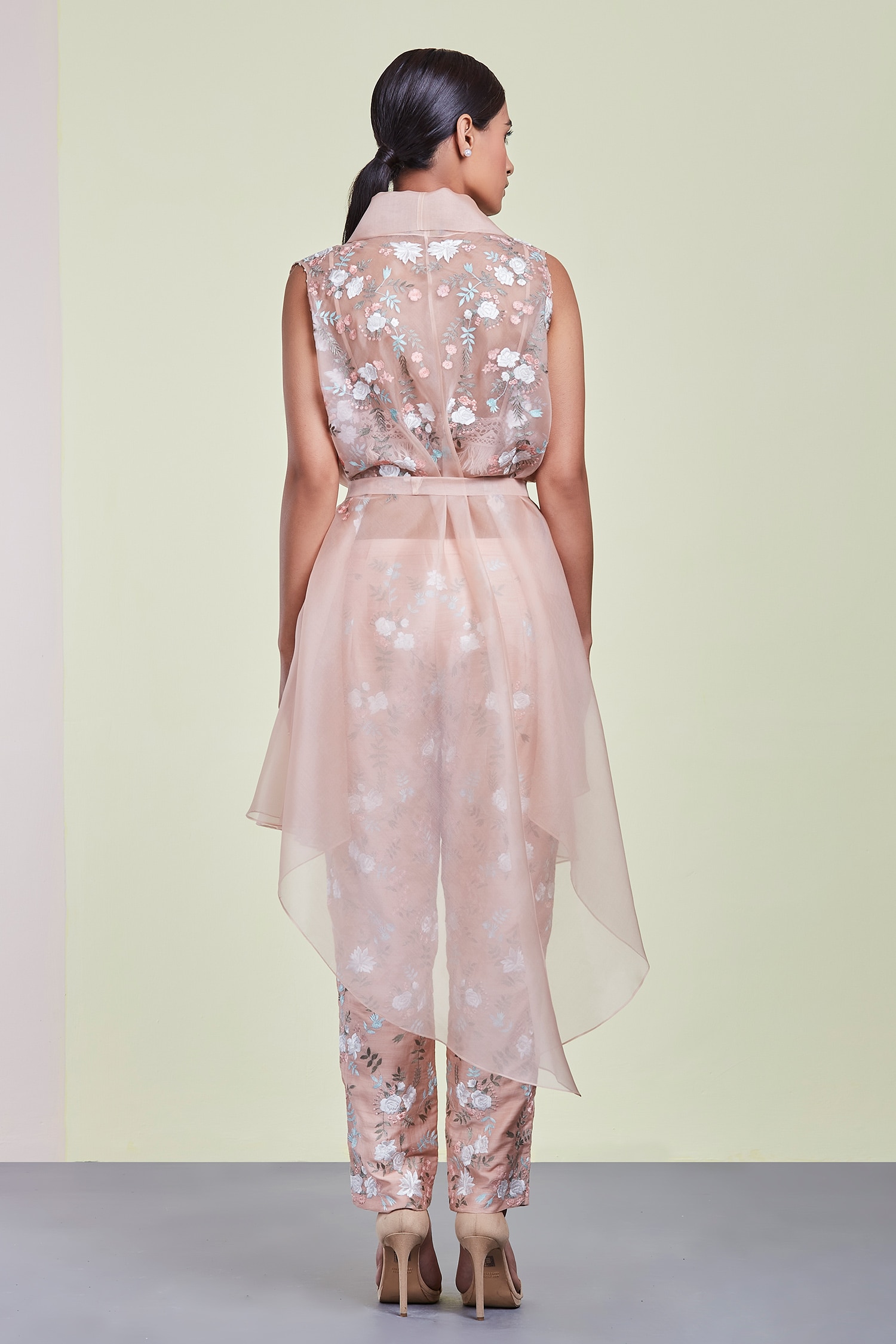 Buy Sue Mue Pink Tussar Embroidered Organza Jacket With Pant Online Aza Fashions