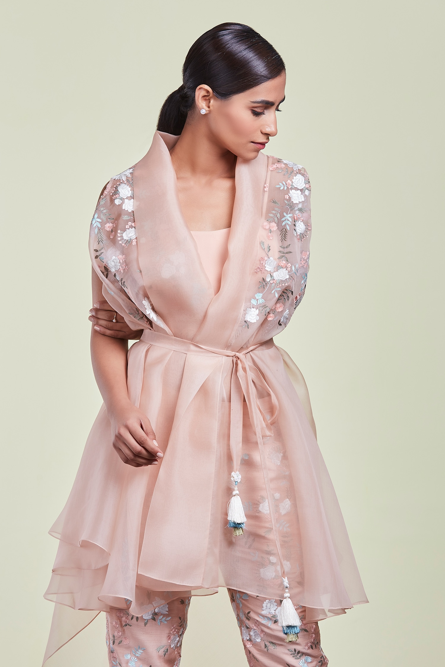 Buy Sue Mue Pink Tussar Embroidered Organza Jacket With Pant