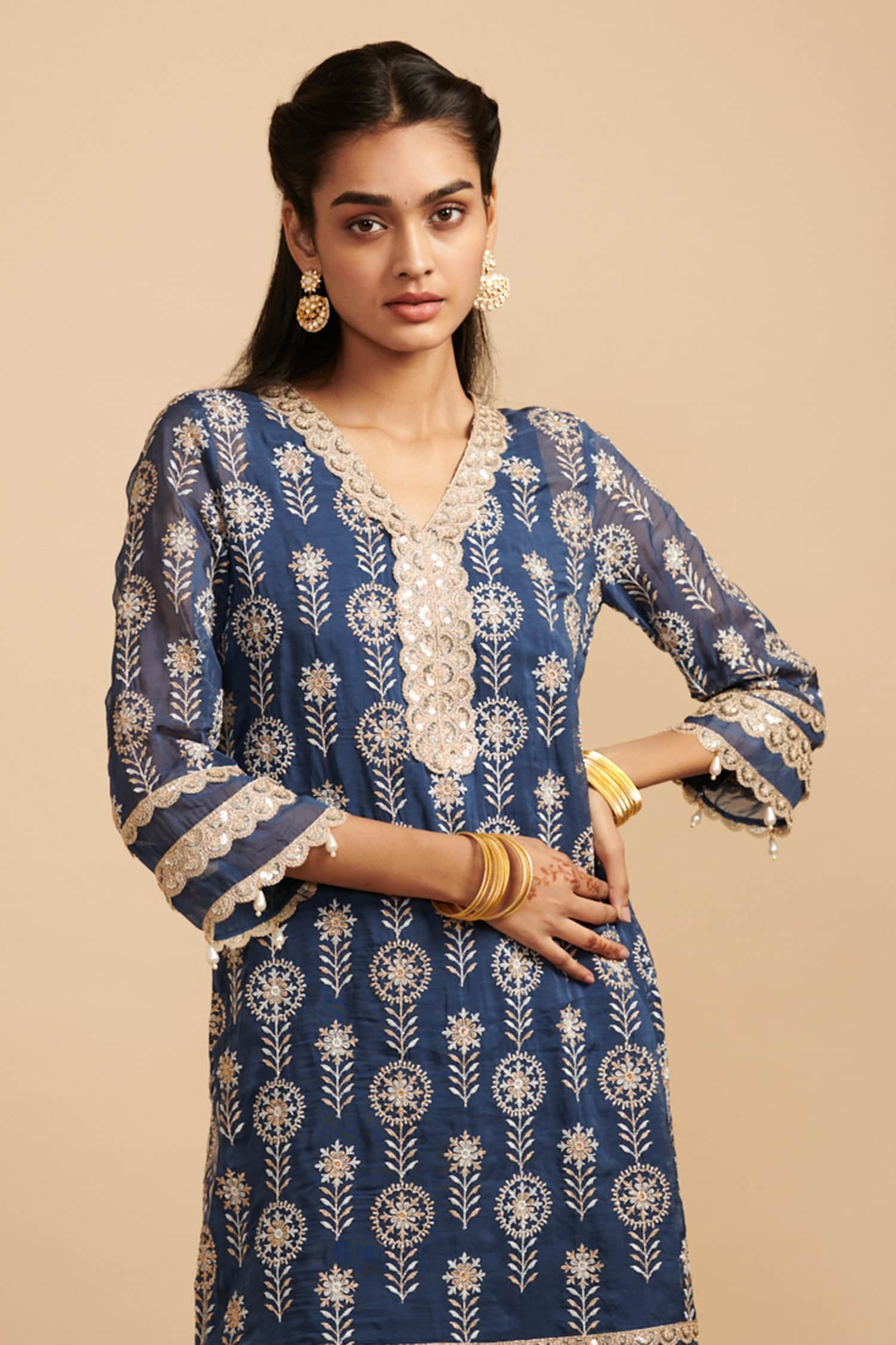 Buy Mulmul Blue Pure Mulmul Surma Embroidered Kurta And Dhoti Pant Set ...