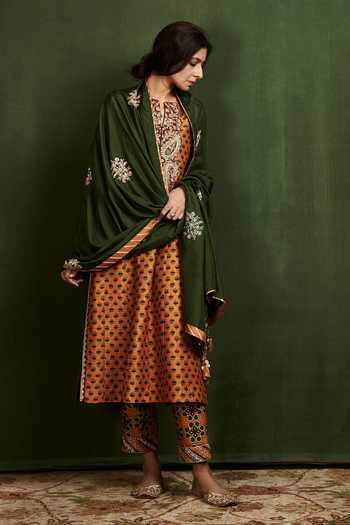 Brown and Beige Crepe Silk Ajrakh Printed Kurti Set main image 1