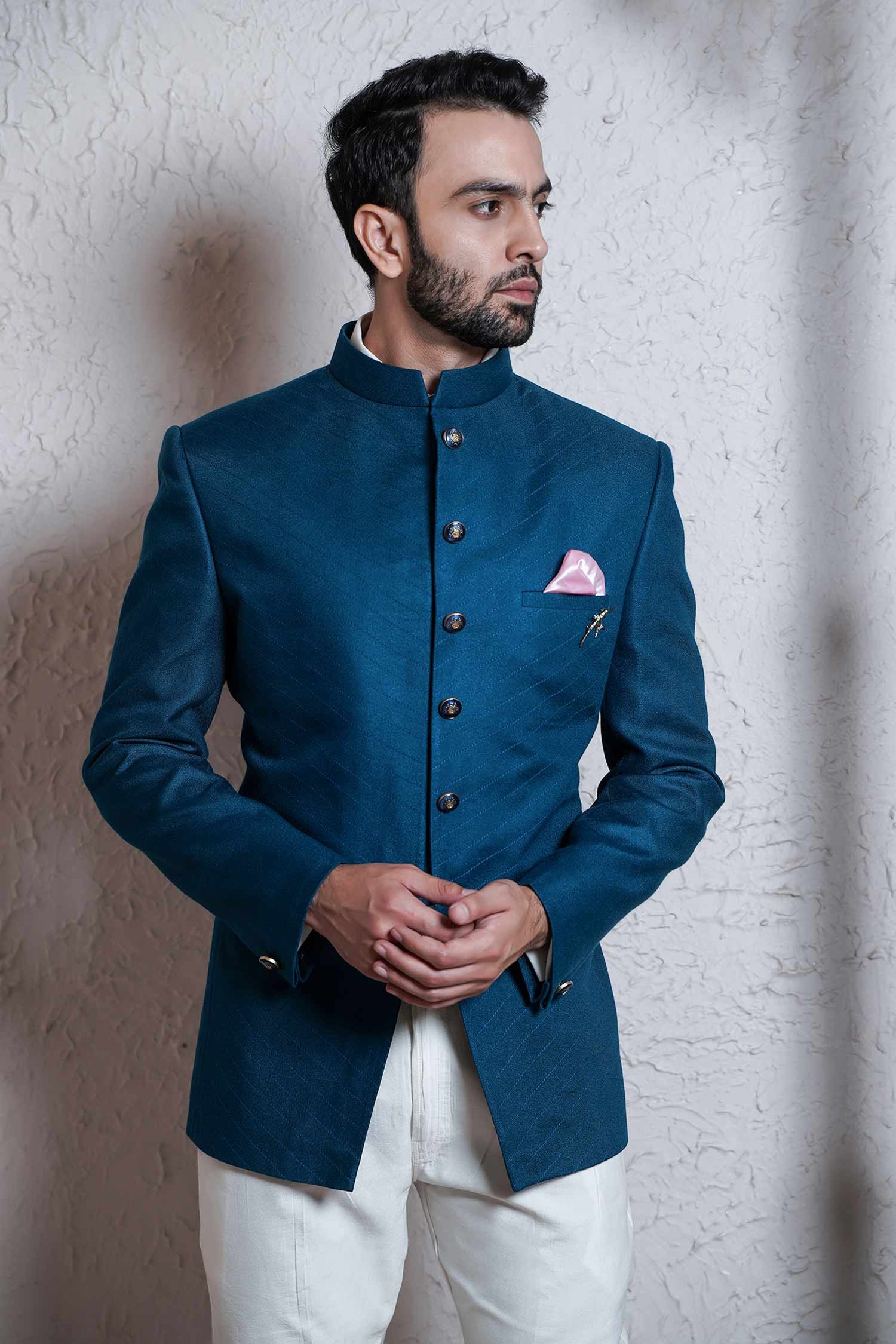 Buy Soniya G- Men Blue Silk Bandhgala Set Online | Aza Fashions
