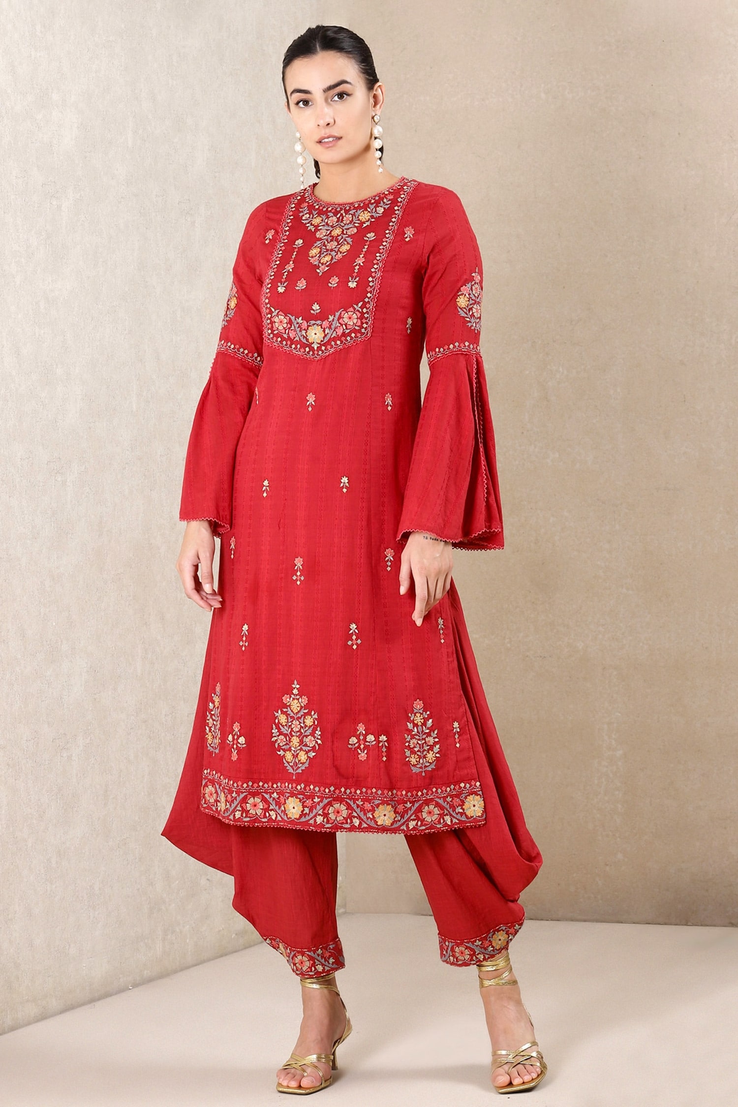 Buy Red Kurta: Dobby; Dhoti Pant: Slub Embroidered And Set For Women by ...