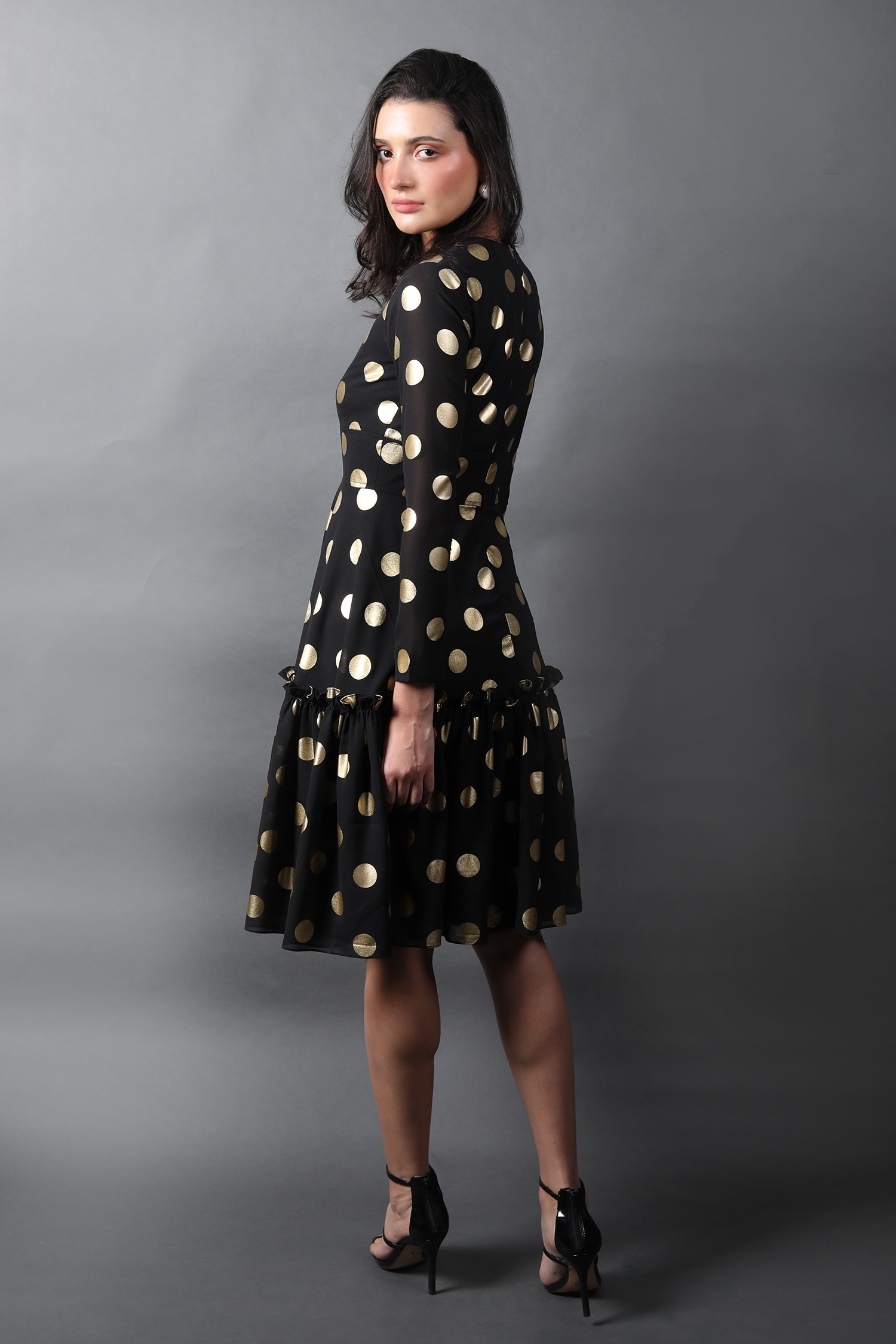 Swatee Singh - Black Georgette Printed Polka Dots High Neck Flared Dress  For Women