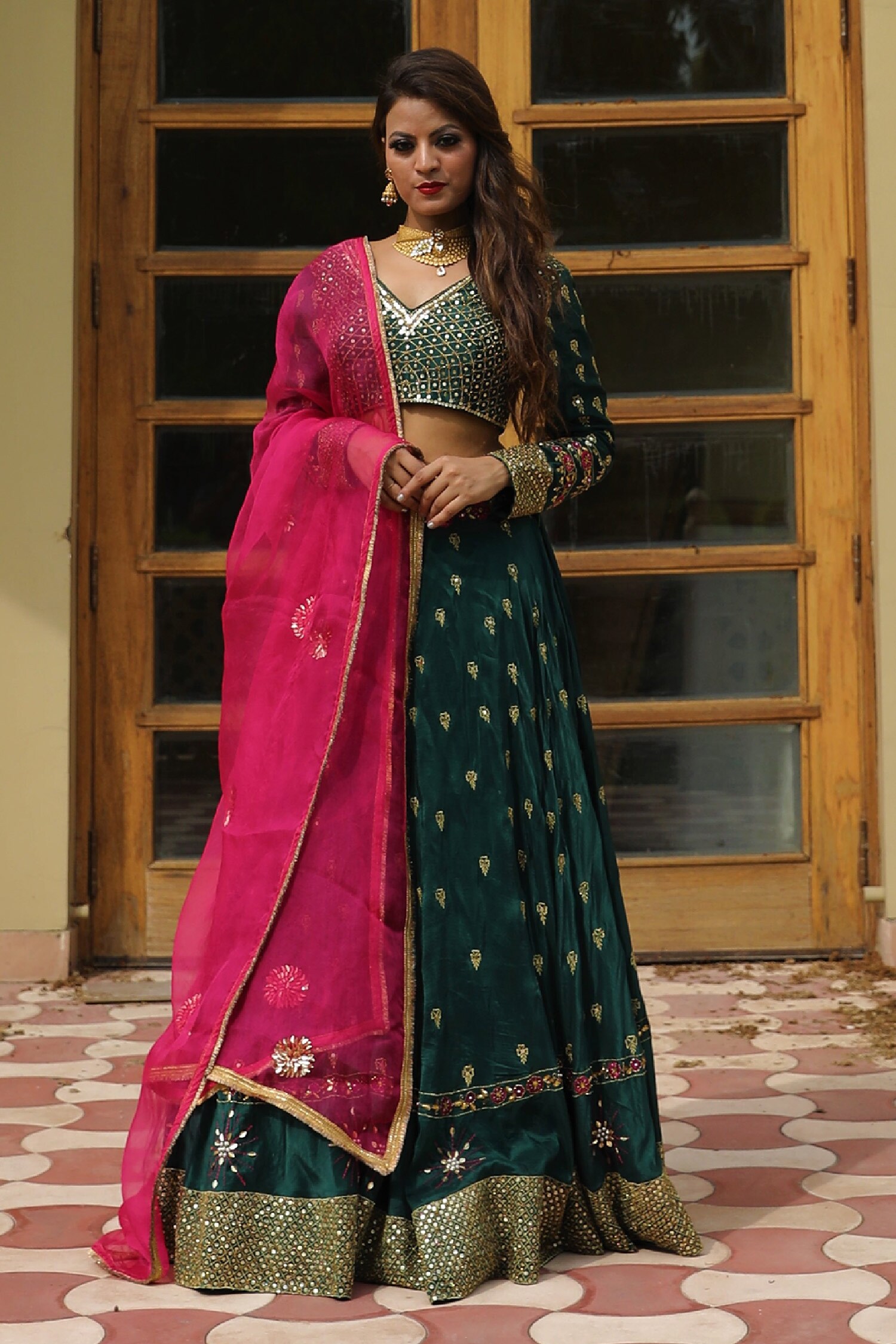Buy Bottle Green and red georgette wedding lehenga in UK, USA and Canada
