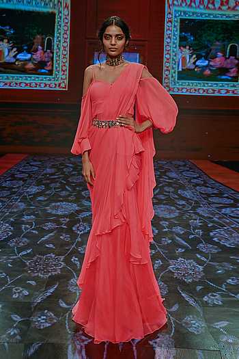 Buy PreDraped Ruffle Saree with Off Shoulder Blouse by Ridhi Mehra at