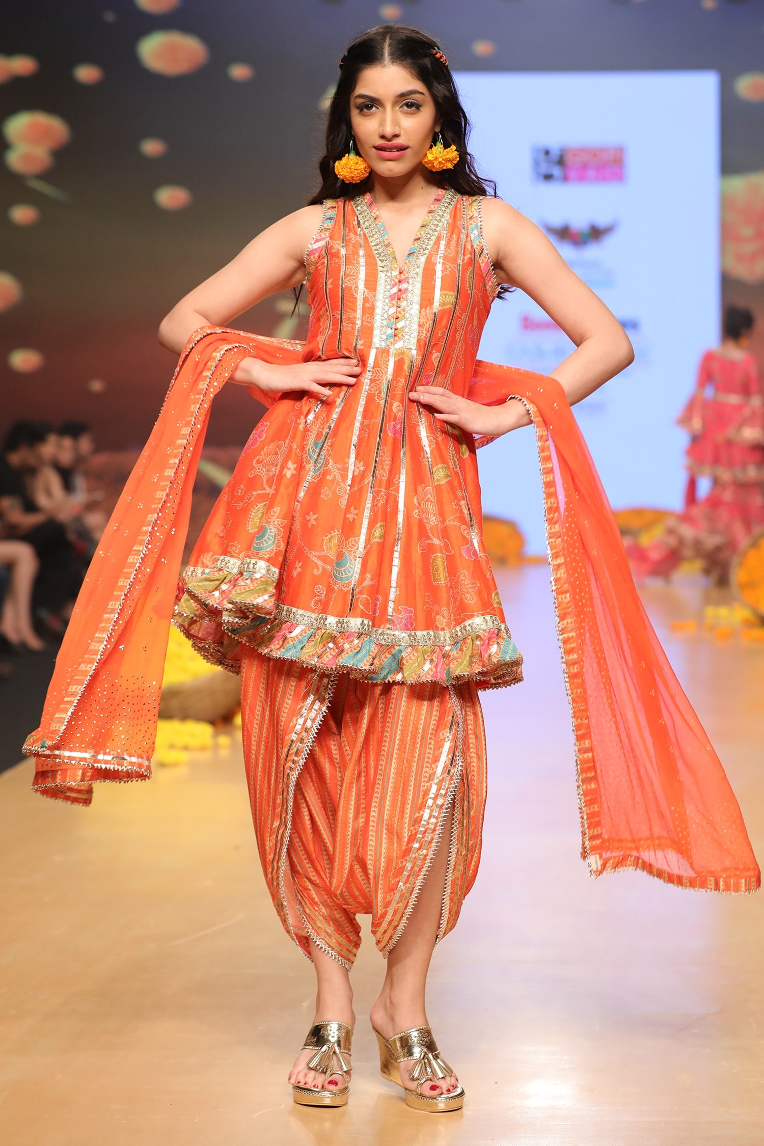 Gopi Vaid Orange Floral Print Anarkali Dhoti Pant Set