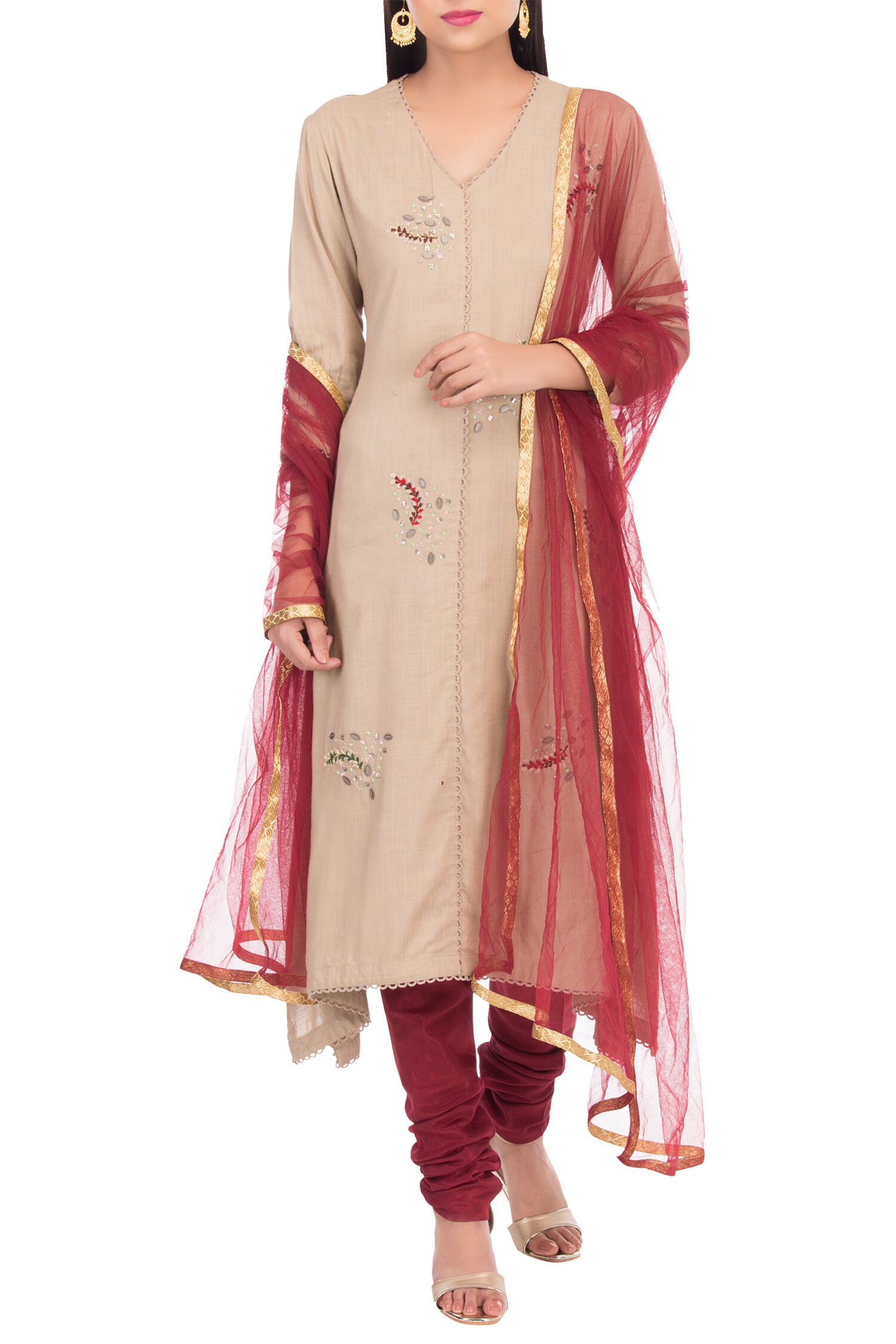 Buy Adara Khan Beige Thread Embroidered Kurta Churidar Set Online Aza Fashions