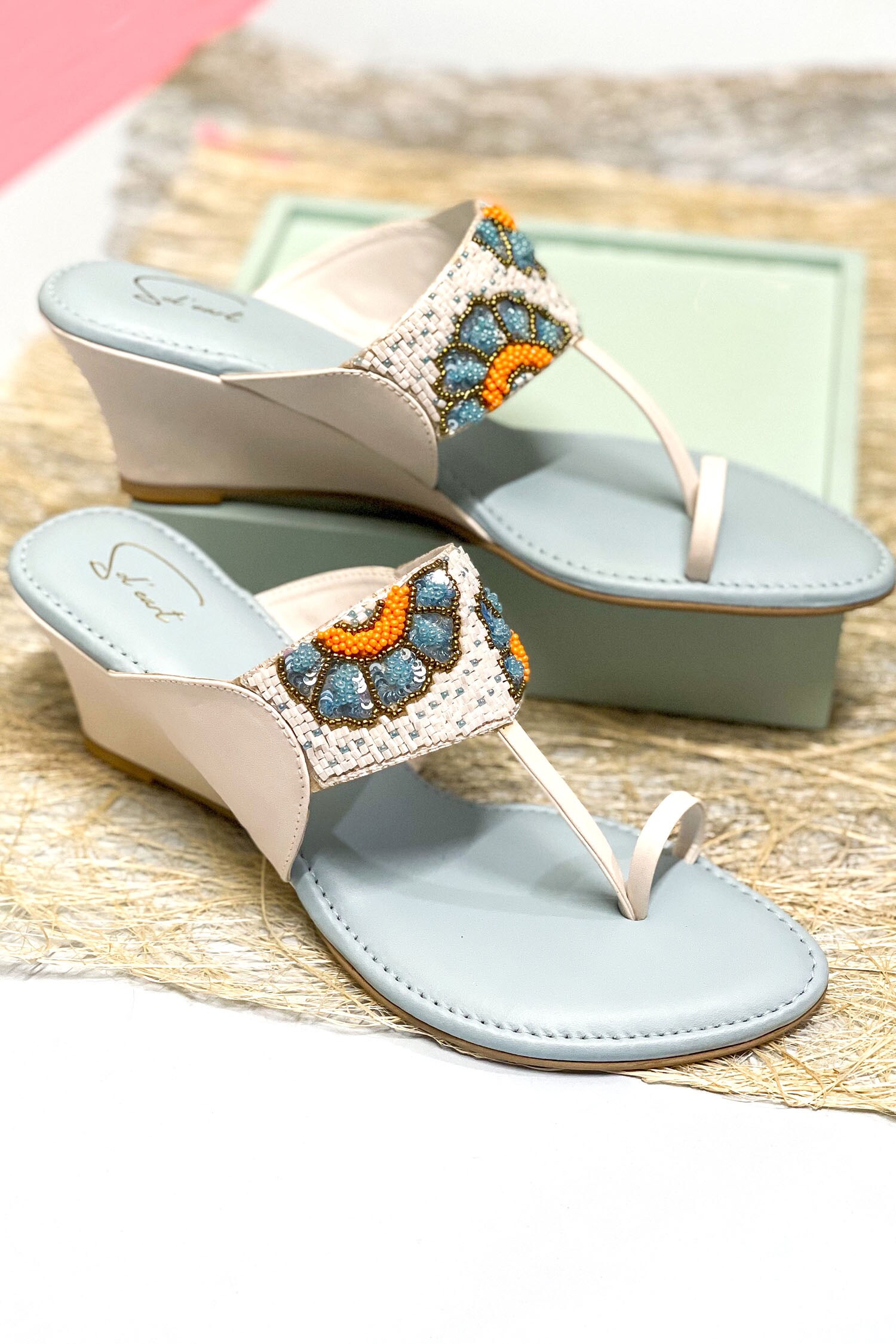 Buy Blue Embroidered Blossom Kolhapuri Wedges by Soleart Online at Aza ...