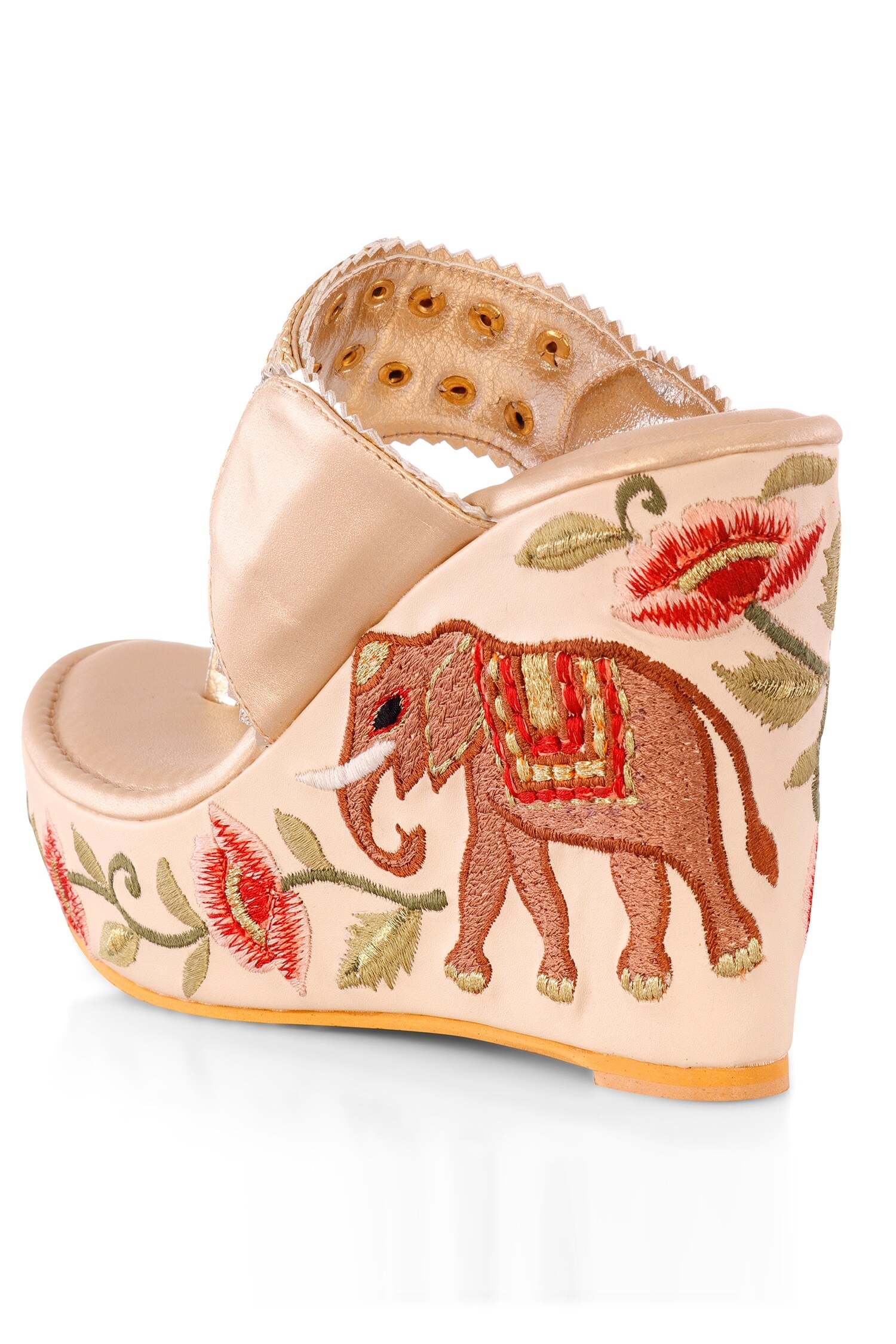 Buy Nude Designer Kolhapuris With Resham Embroidered Floral Design On The  Wedge Heel By Soul House
