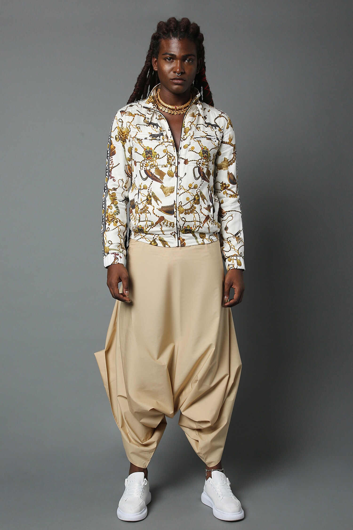 Buy White 100 Viscose Satin Printed Nandi Bomber Jacket For Men by