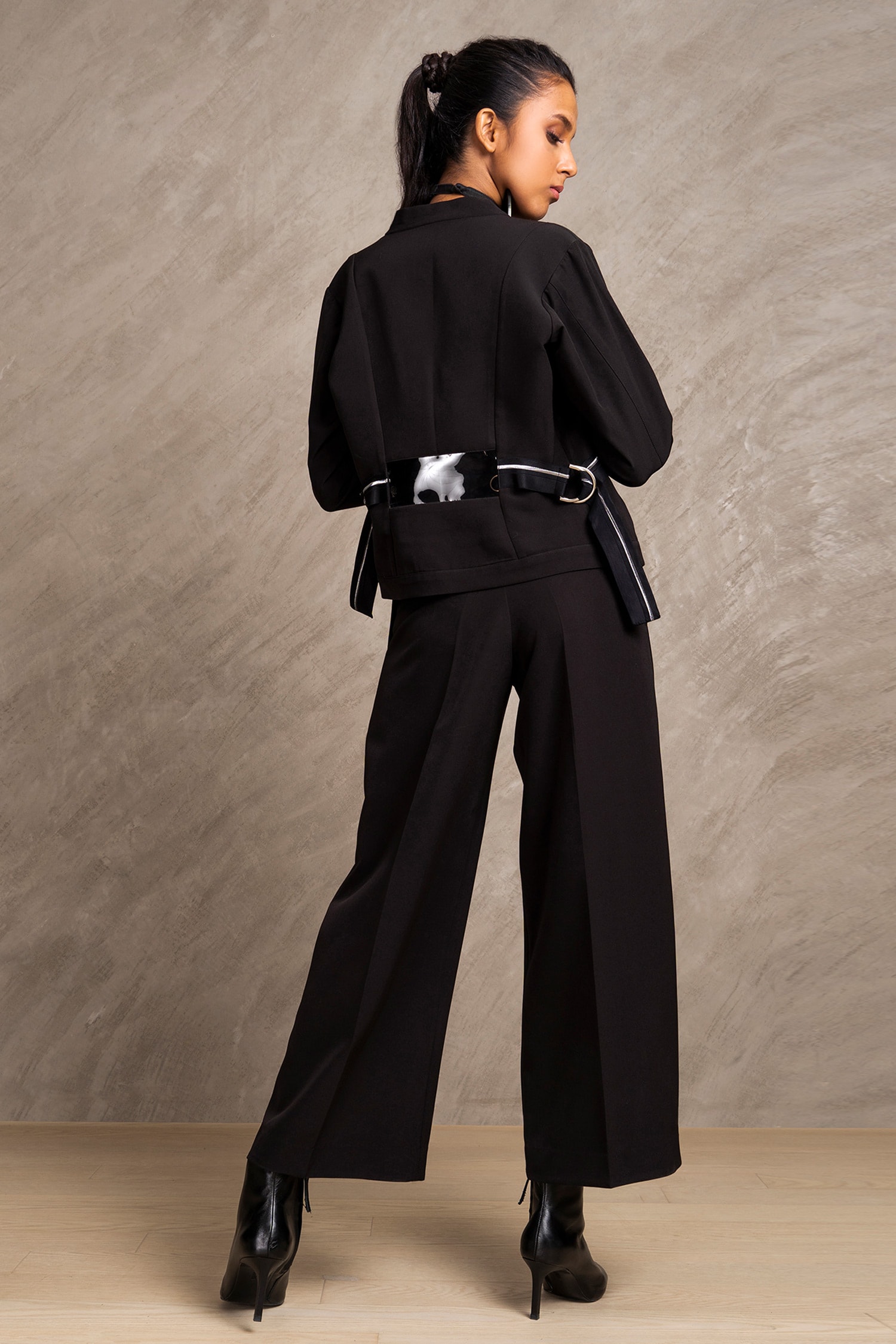 High Waisted Flared Trousers in Black Crepe Ready To Ship