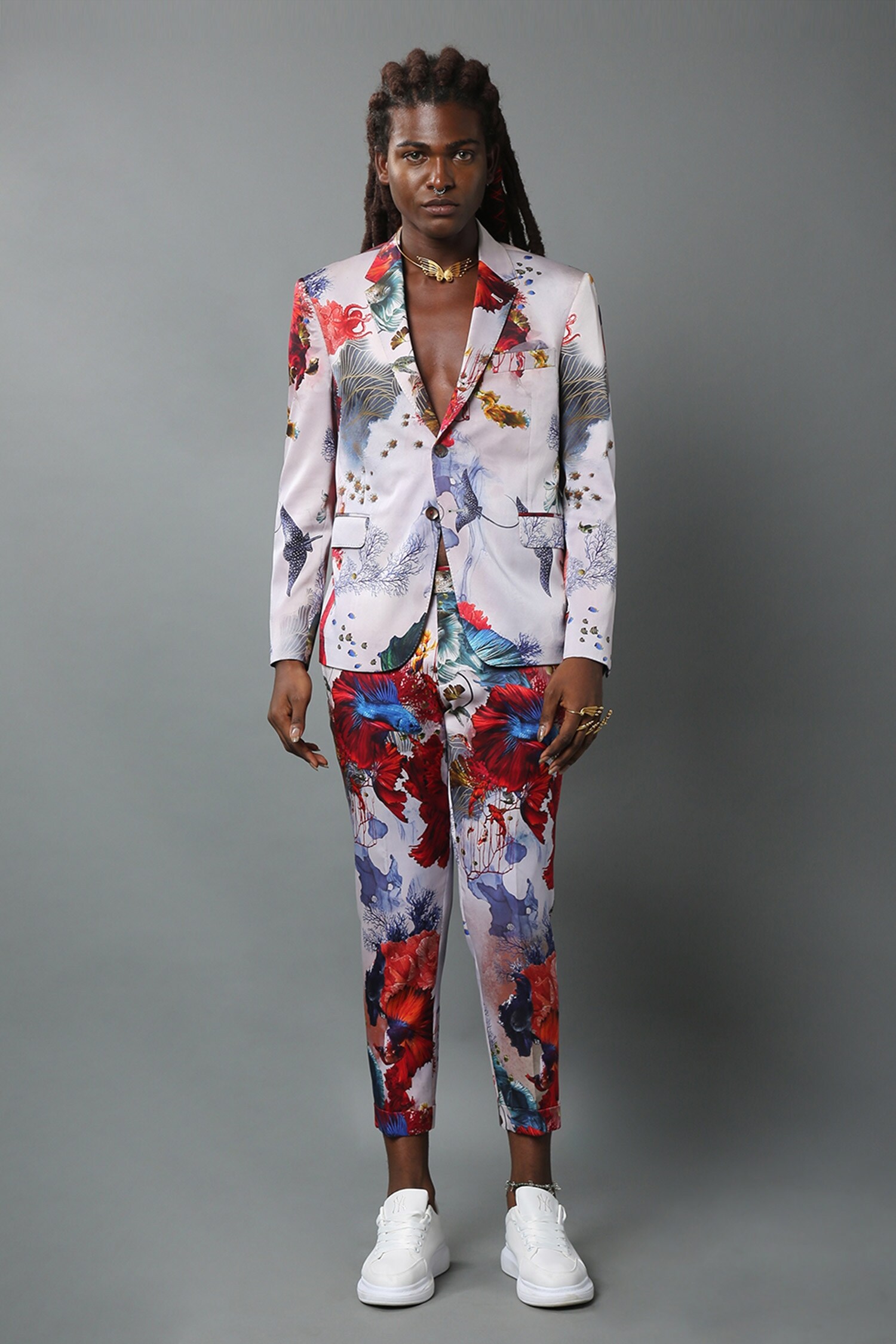 House of Three Multi Color Silk Satin Printed Ocean Neer Pant For Men