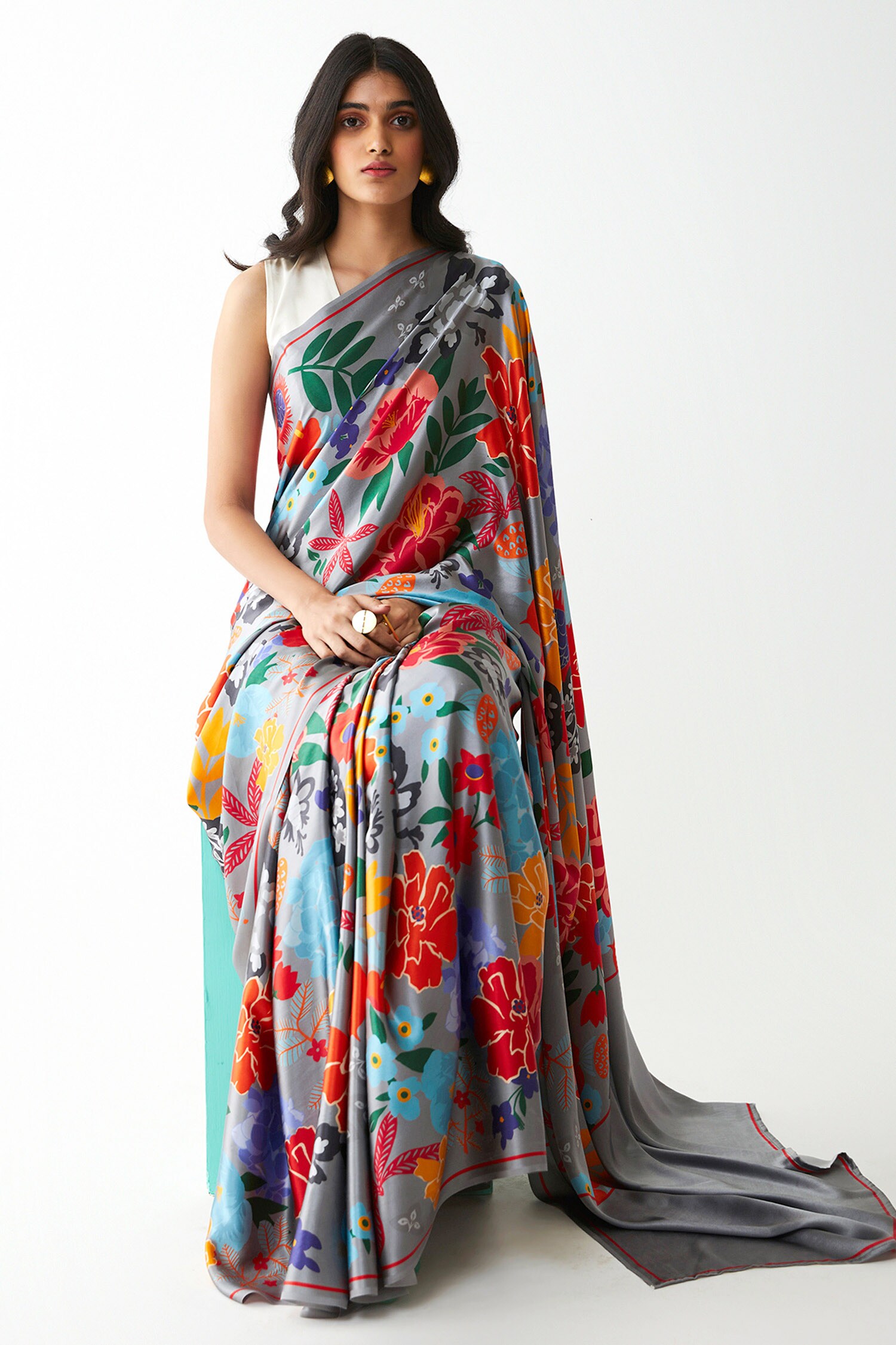 Buy Kshitij Jalori Grey Silk Satin Crepe Floral Print Saree Online ...