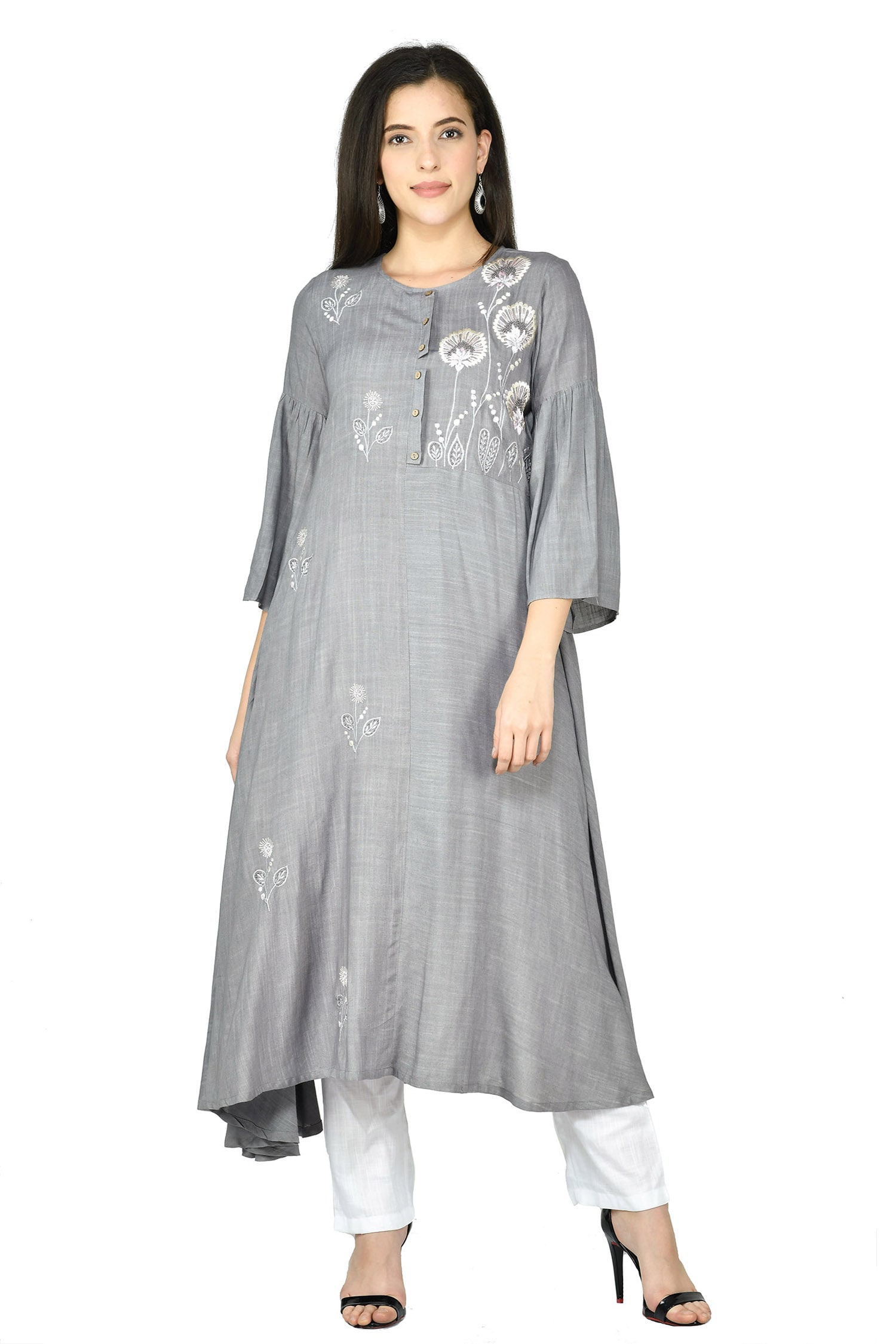Adara Khan Grey Rayon Slub Embroidered Tunic