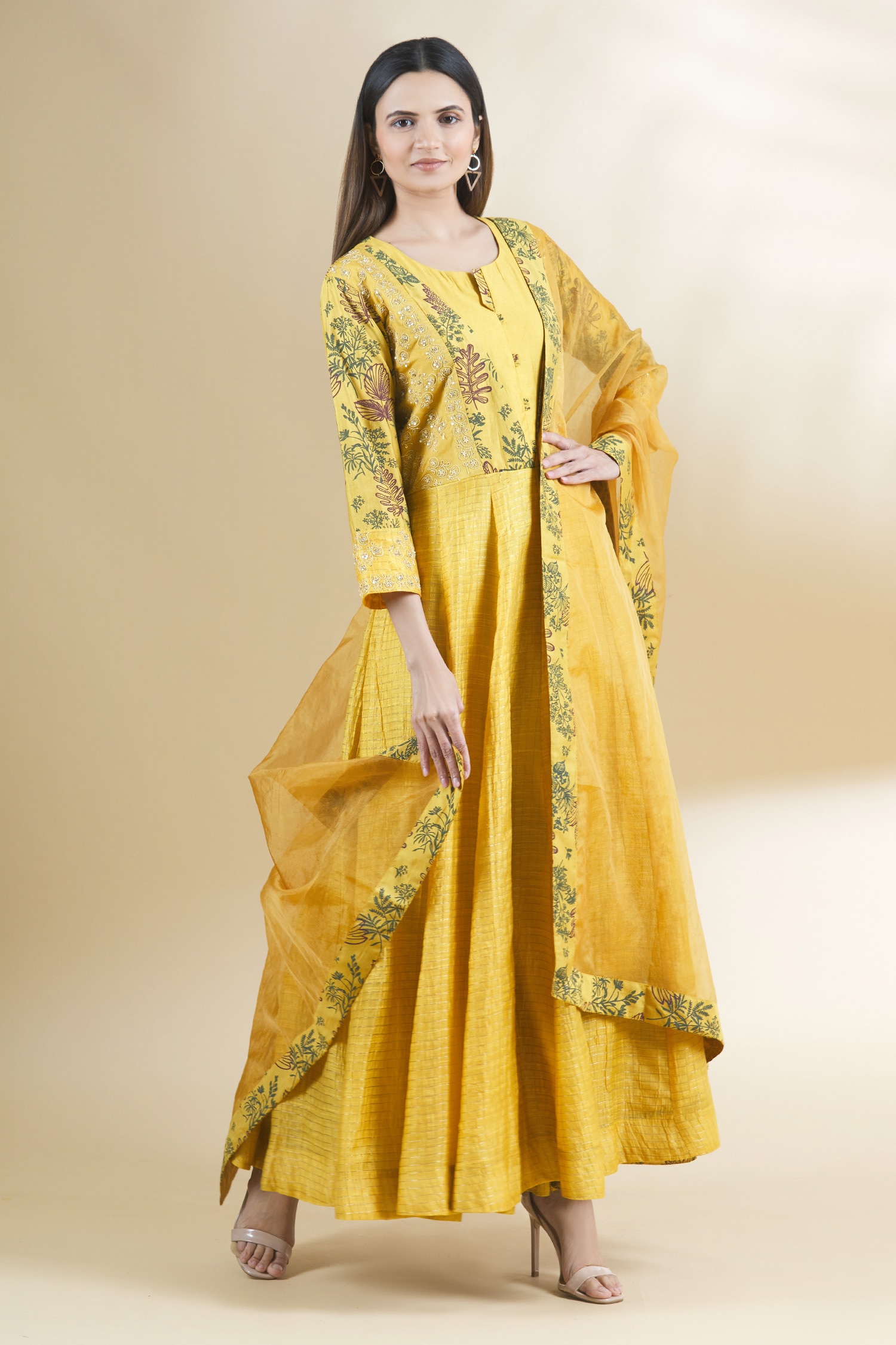 Buy Yellow Kurta: Chanderi; Dupatta: Organza Round Printed Anarkali ...