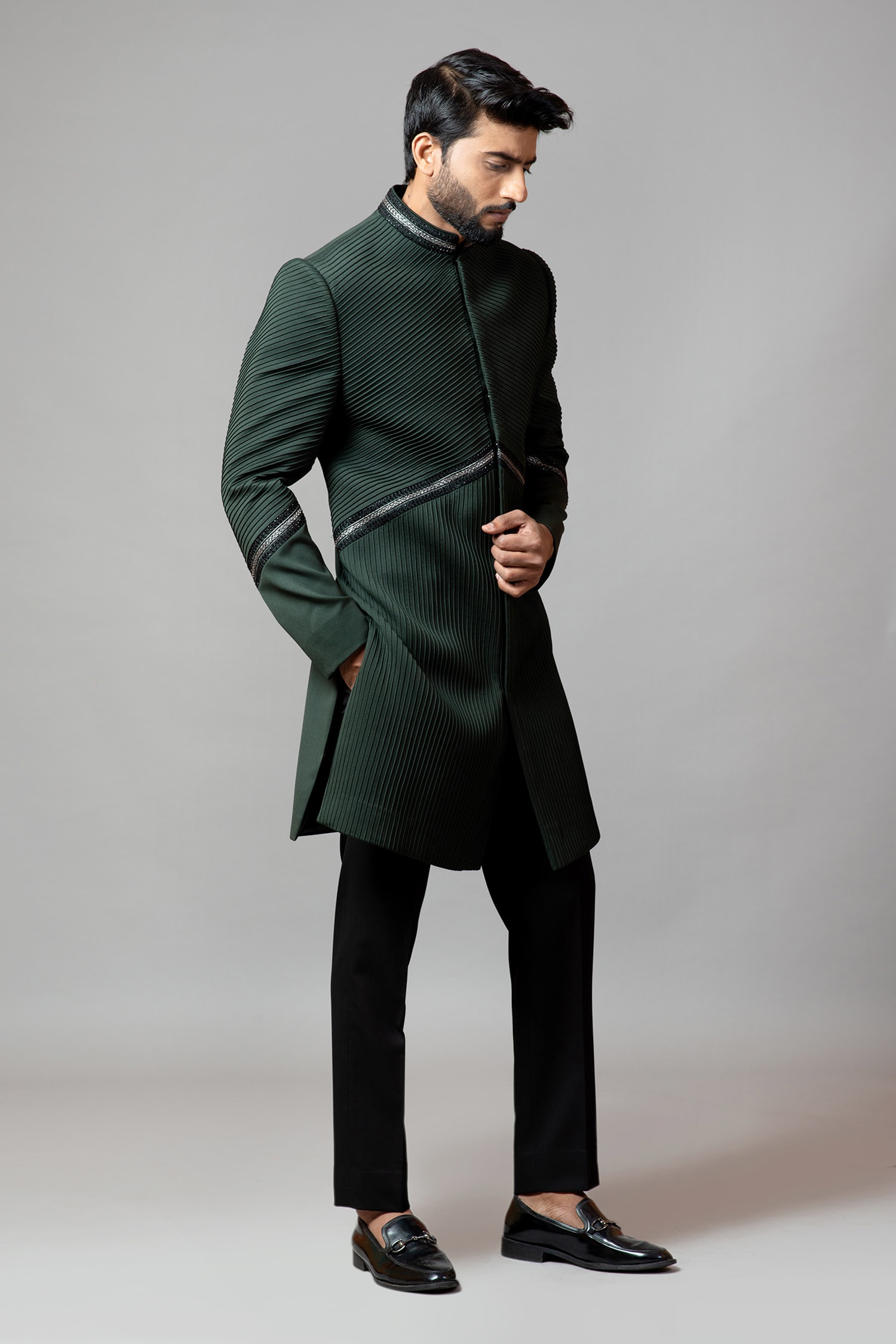 Buy Green Suiting Pintuck Sherwani And Pant Set For Men by Paarsh ...