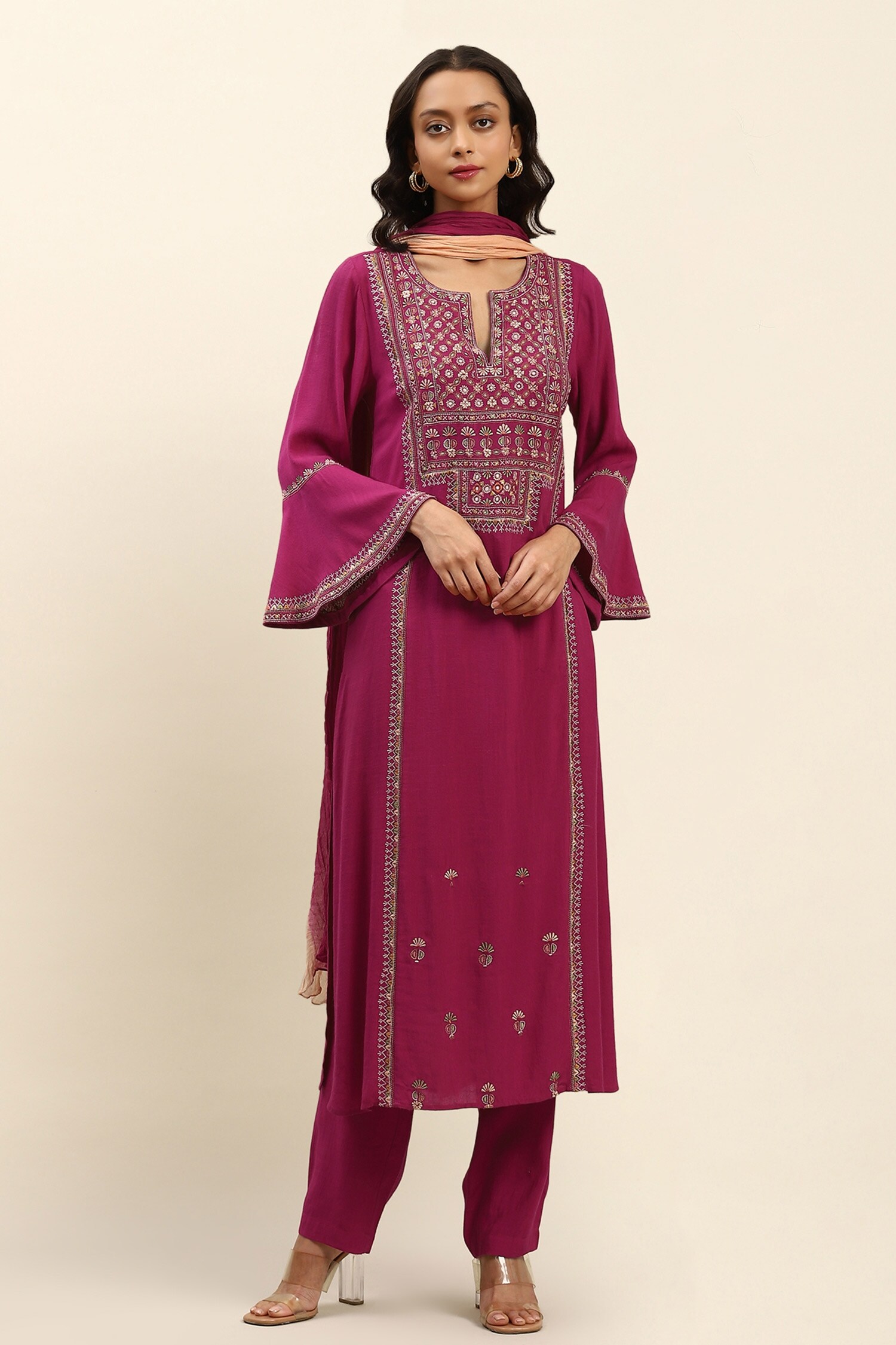 Buy Aarke Ritu Kumar Pink Rayon Slub Floral Embroidered Kurta Set ...