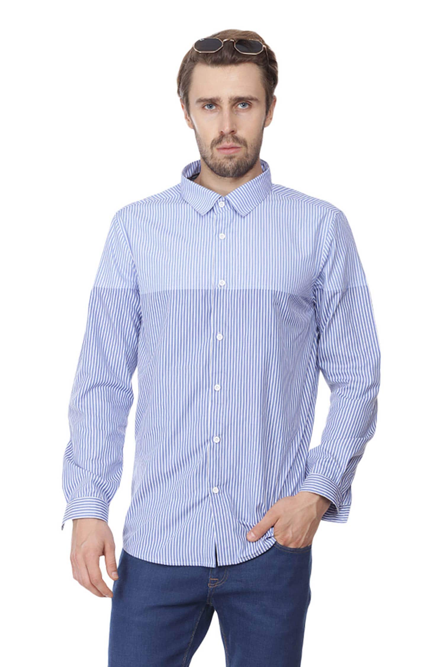 Buy Abkasa Blue Cotton Slim-fit Striped Shirt Online | Aza Fashions
