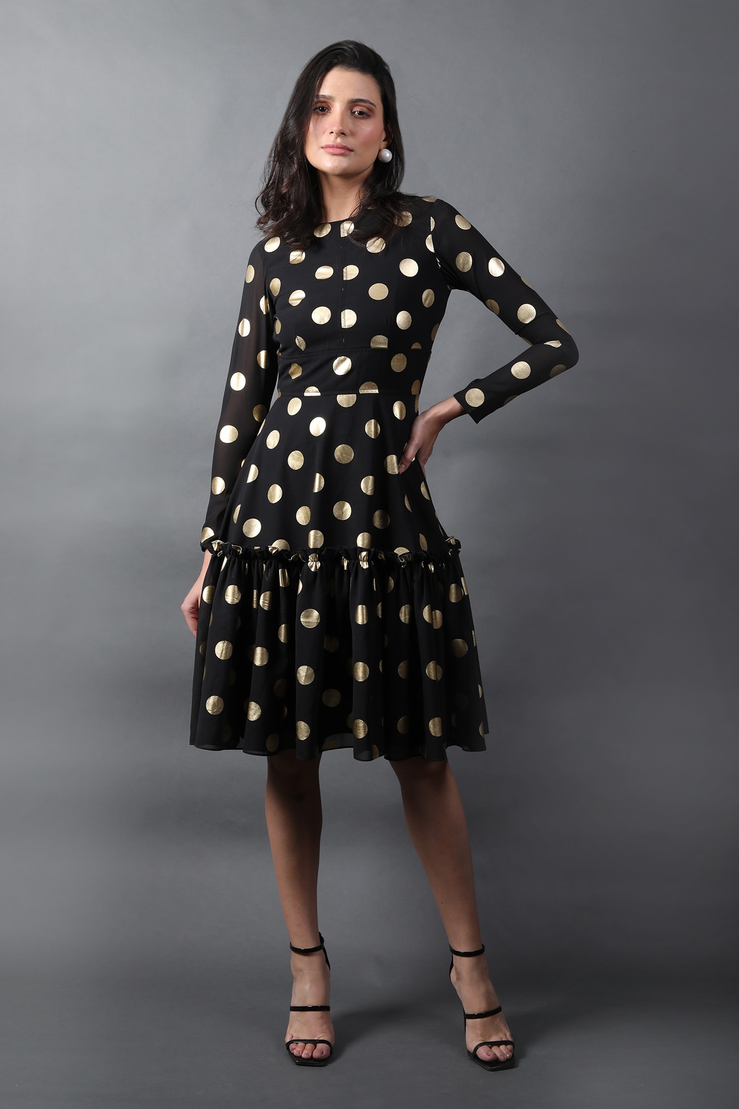 Swatee Singh - Black Georgette Printed Polka Dots High Neck Flared Dress  For Women