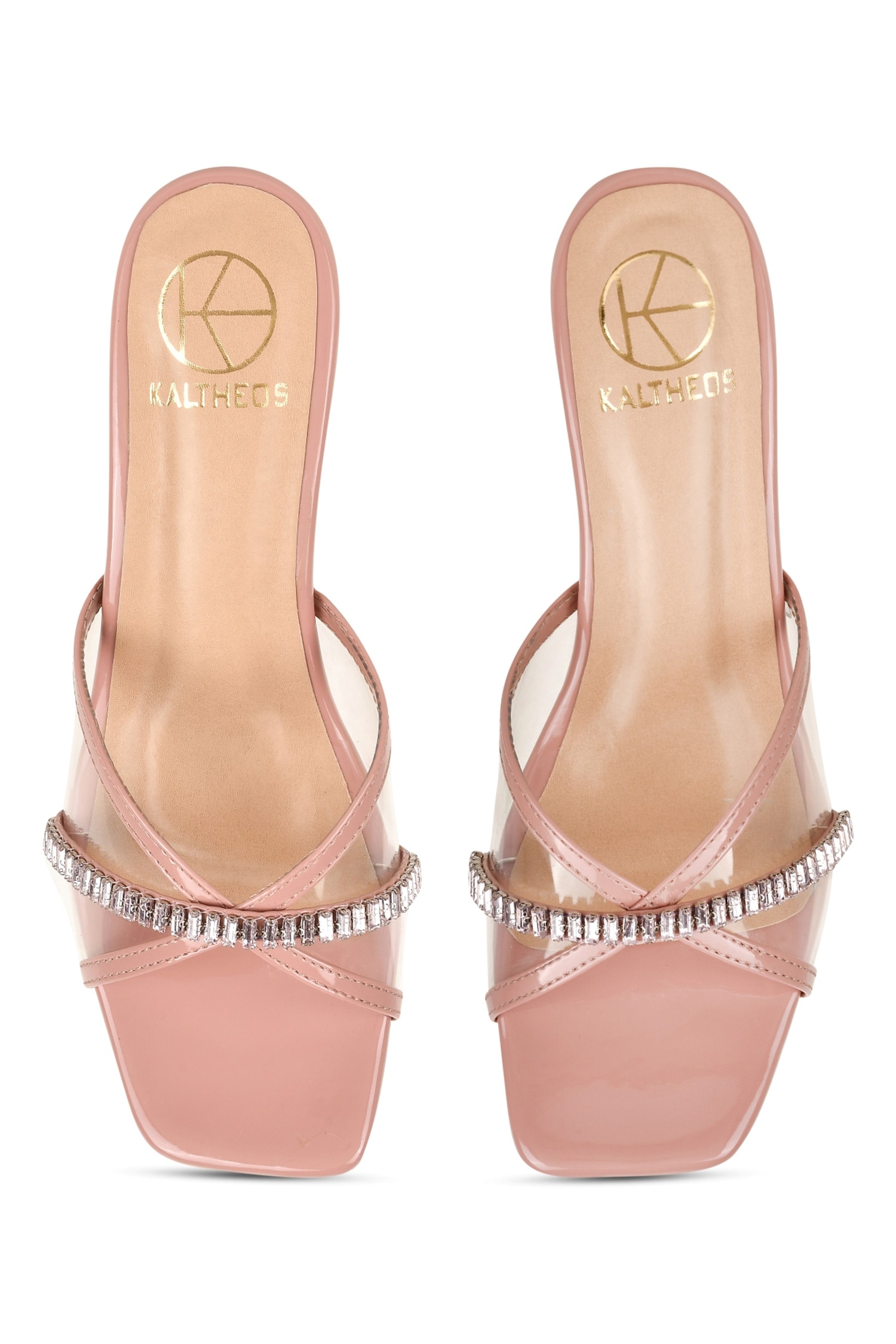 Kaltheos - Peach Embellished Helen Square Toe Transparent Heels