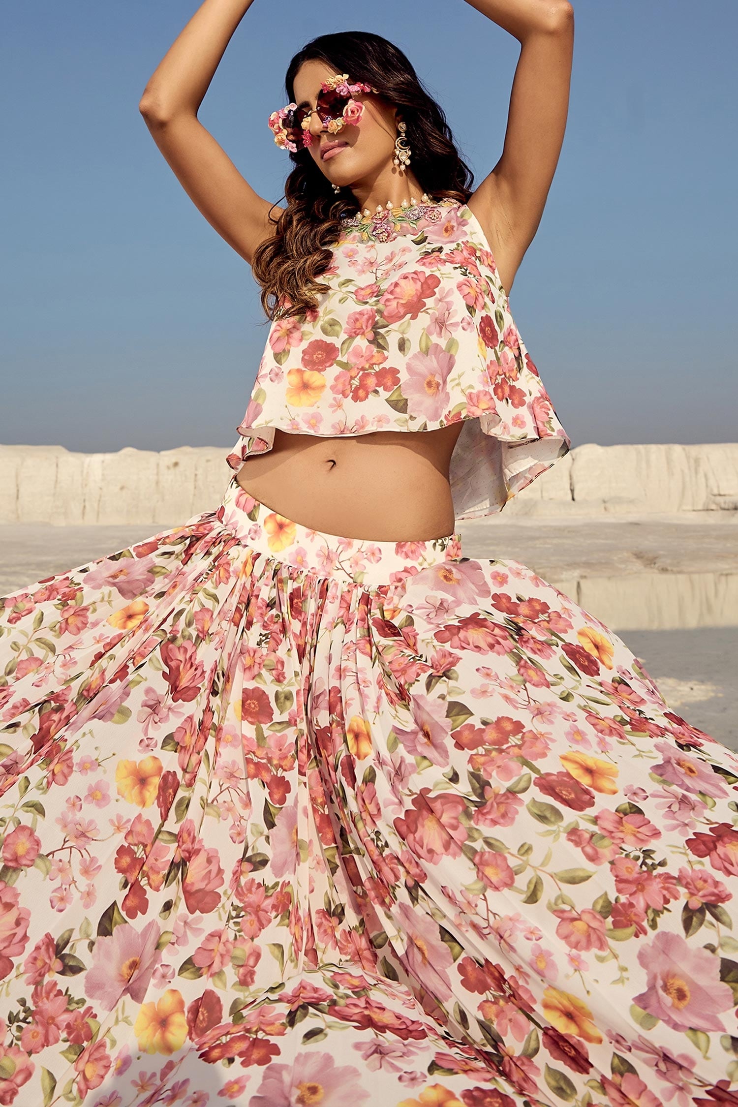 Buy Multi Color Georgette Printed Floral Round Top And Skirt Set