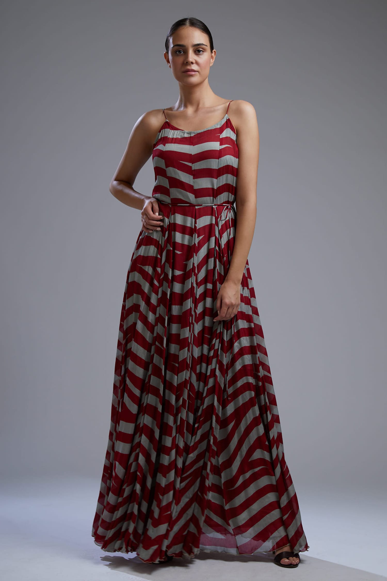 Buy Red Chiffon Round Striped Maxi Dress For Women by KoAi Online at ...