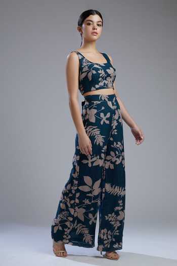 Women Blue Chanderi Paisley Wrap Crop Top
