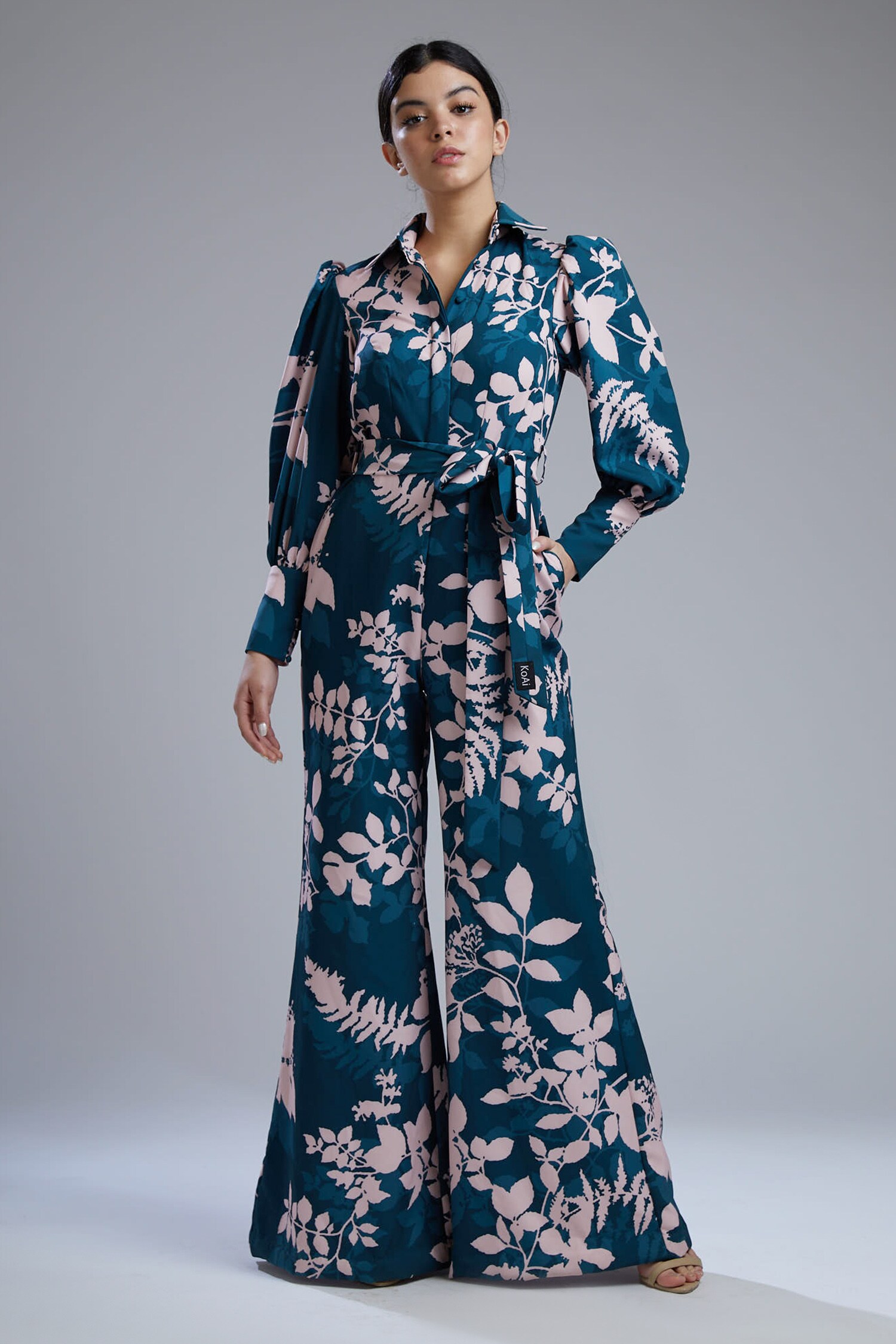 Buy KoAi Green Banana Crepe Floral Print Jumpsuit Online | Aza Fashions