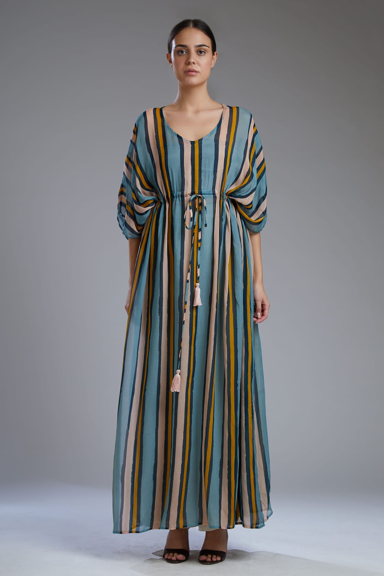 Buy Multi Color Silk Satin Leaf Neck Striped Slit Maxi Dress For Women ...