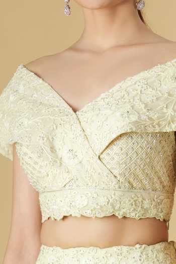 Yellow Embroidered U Style Feather Lehenga Set main image 1
